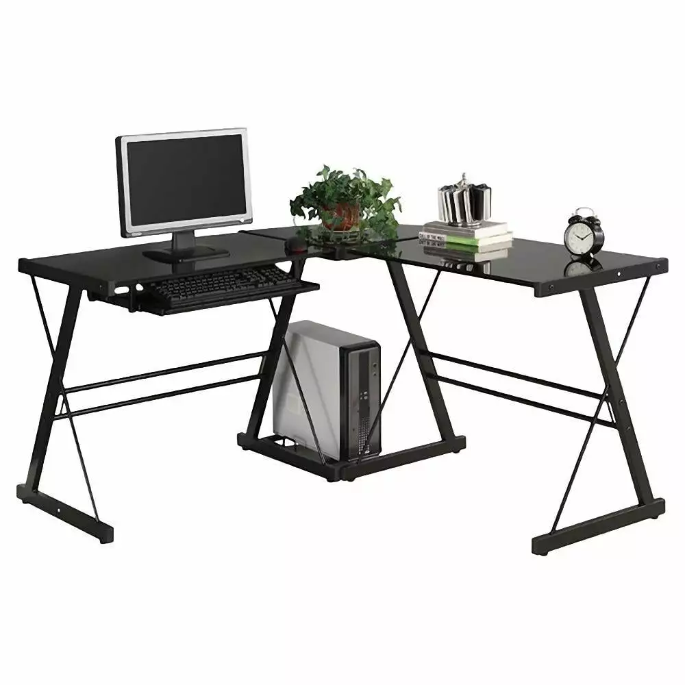 Ktaxon L-Shape Computer Desk Corner Desk Black Glass Top PC Stalinite Glass Laptop Table Workstation
