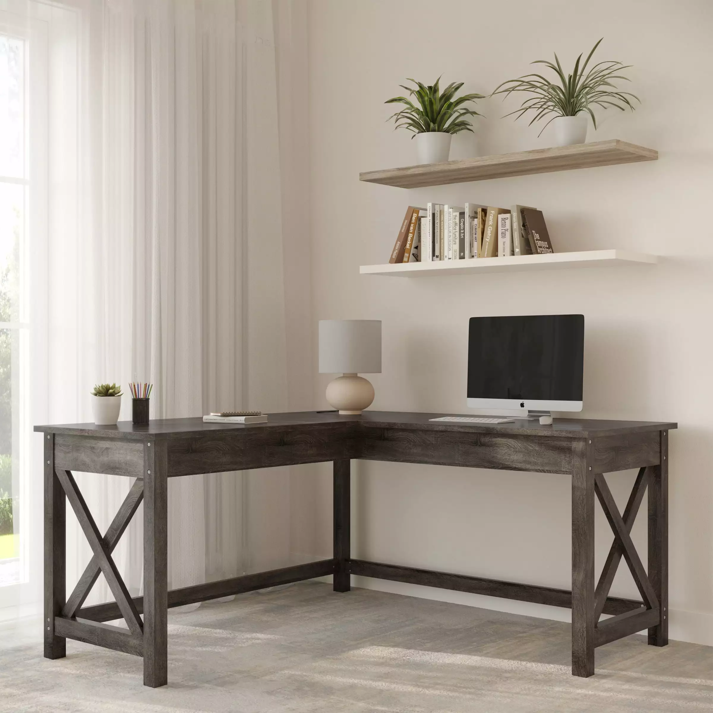 Lavish Home L-Shaped Computer Desk Dark Gray Finish X-Pattern Legs Corner Workstation