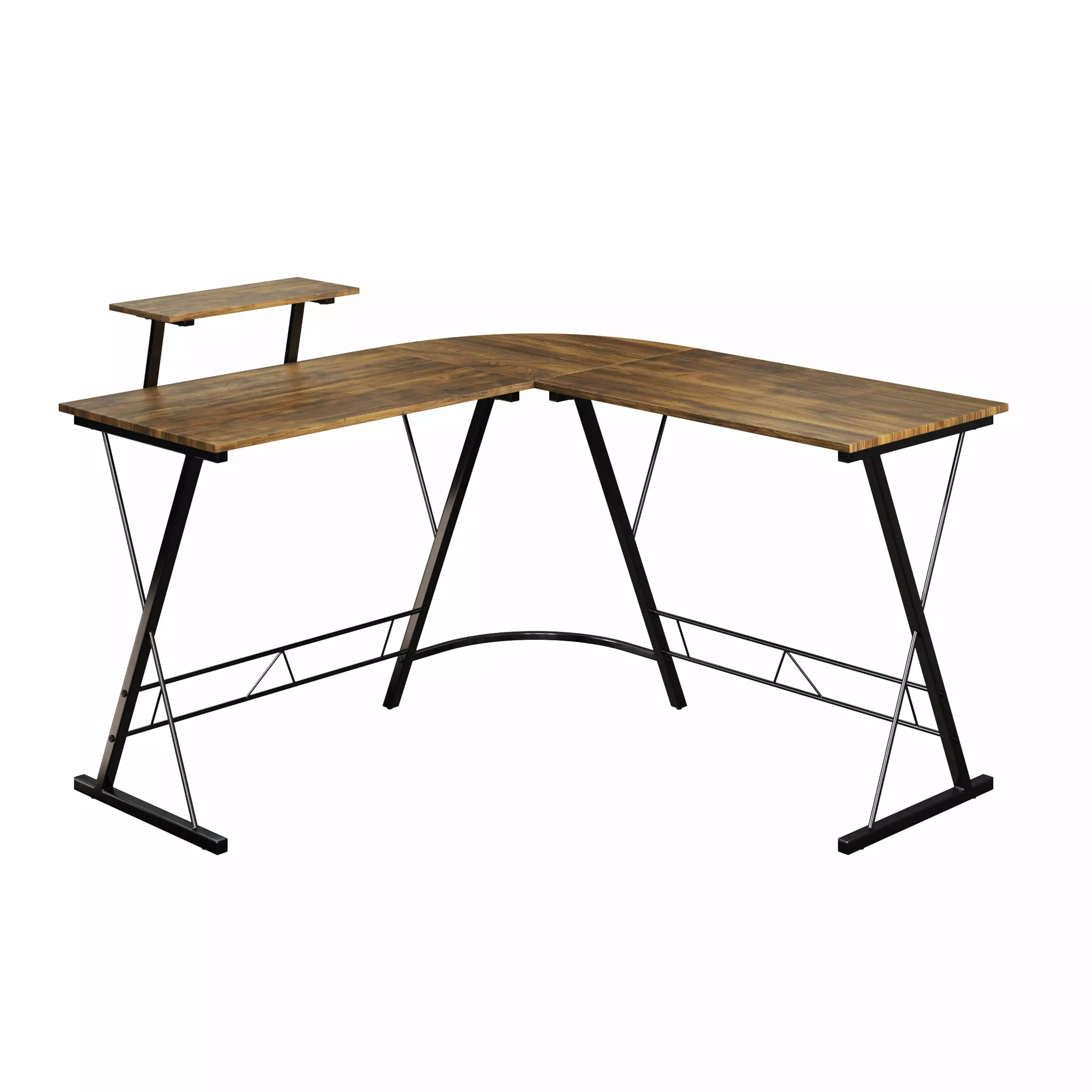 Lavish Home L-Shaped Computer Desk - Modern Industrial Style Rustic Brown Monitor Stand