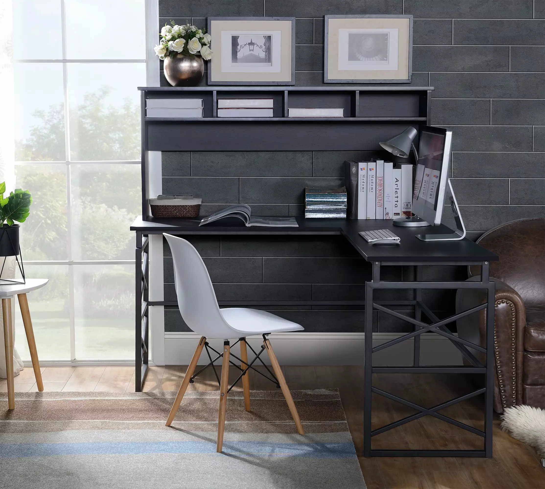 Dark Brown Finish Wood L Desk Metal Base Home Office Corner Desk Legacy Home Collection