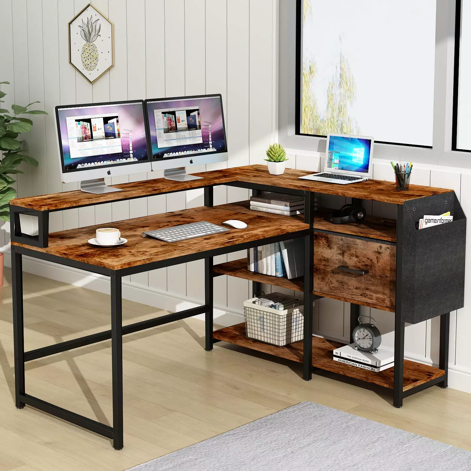 Loomie L Shaped Desk Drawer - 55 W x 41 D Industrial Corner Computer Desk 4 Tier Storage Shelves
