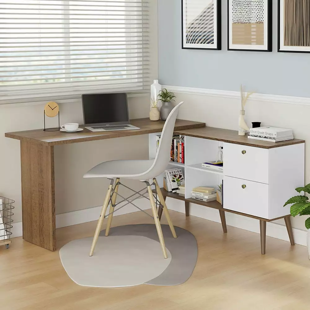 Madesa Modern L Shaped Desk 59 Inch Drawers and Shelves Home Office White and Brown