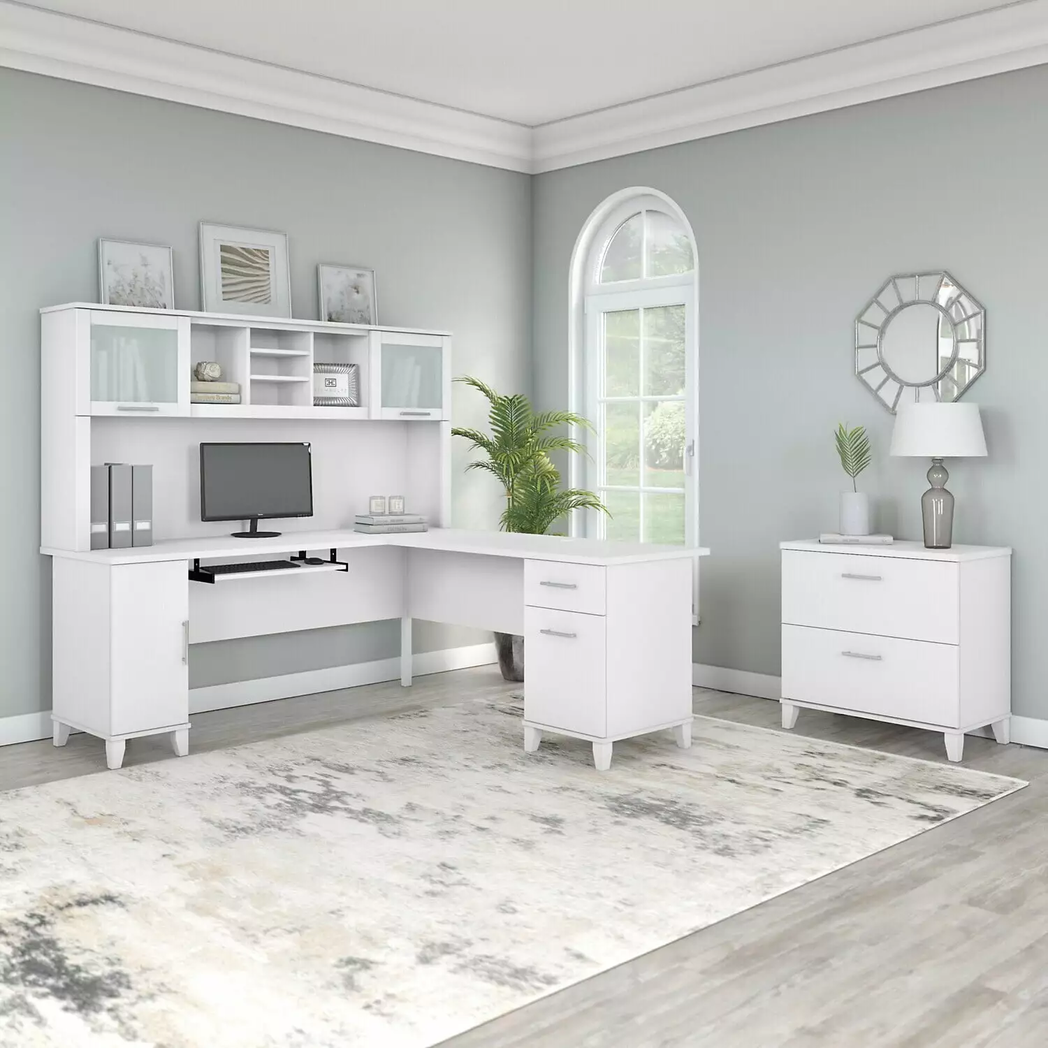 Maykoosh Mediterranean Magic 72W L Shaped Desk Hutch and Lateral File Cabinet