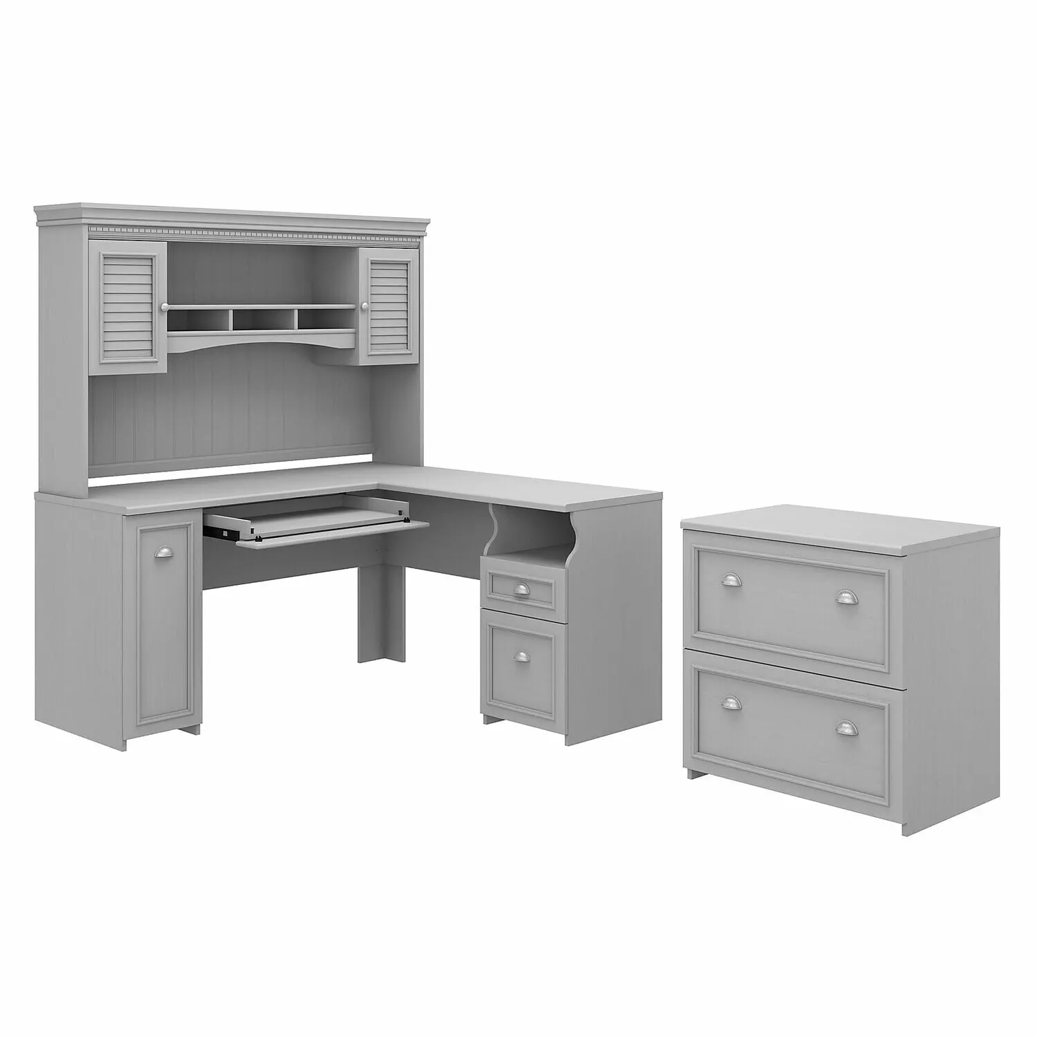 Maykoosh Sophisticated Simplicity 60W L-Shaped Desk Hutch and Lateral File Cabinet