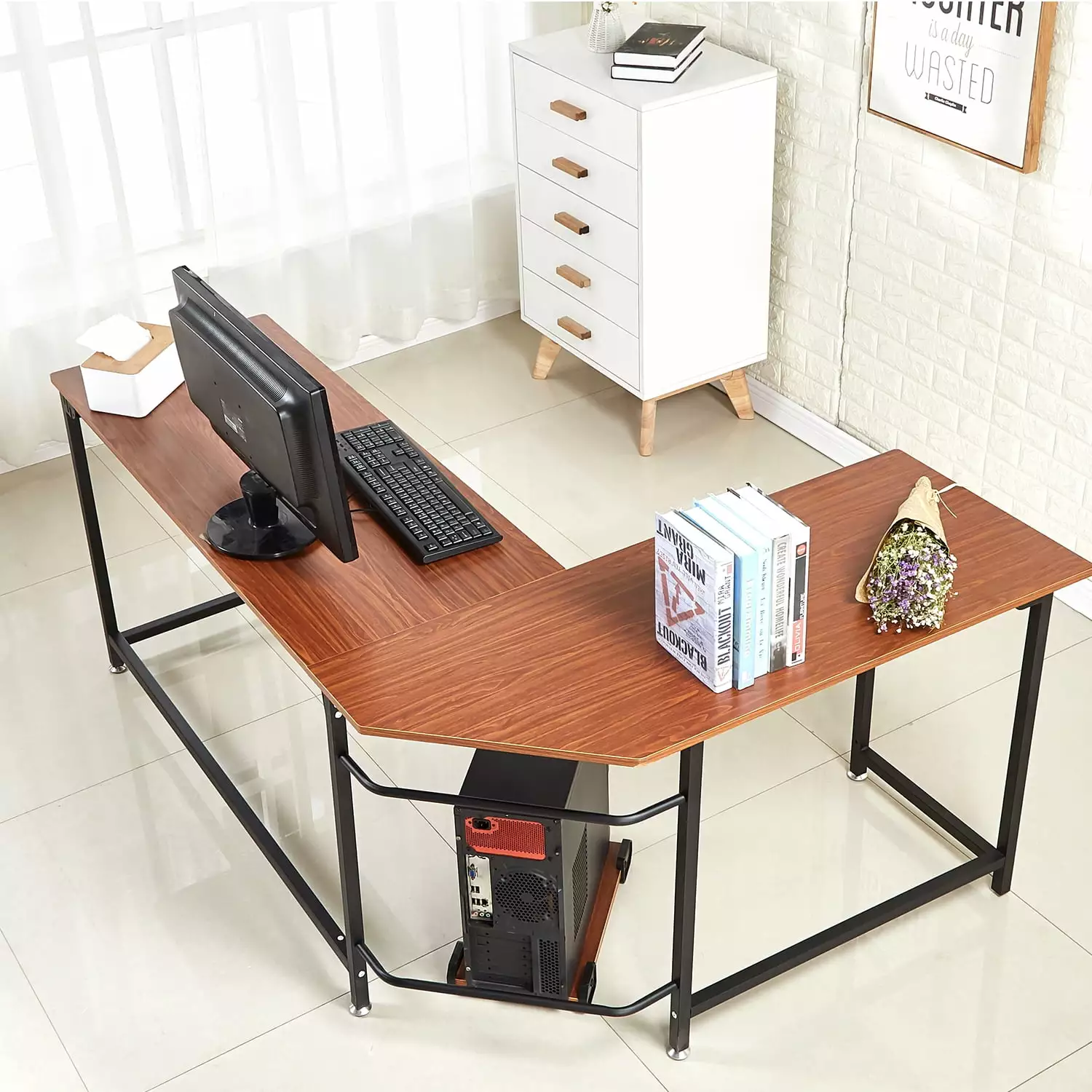 Mcombo Corner Desk L-Shape Computer Desk Home Office Study Gaming Desk Brown