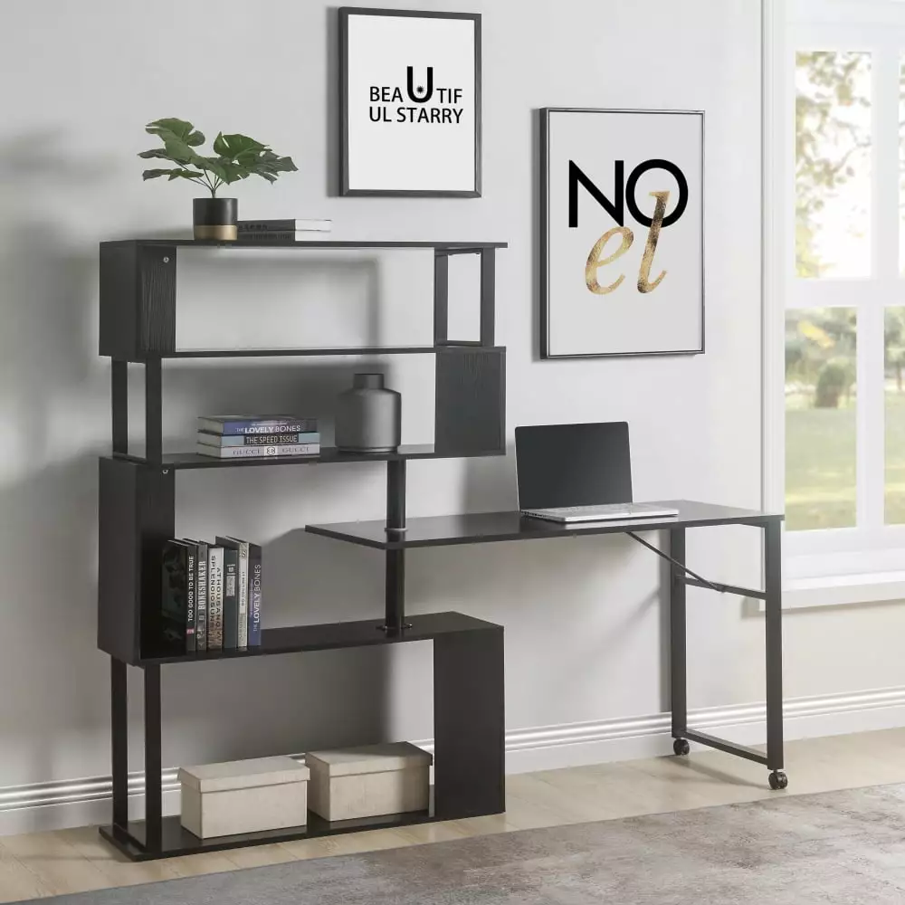 MIDODO L-Shaped Office Desk 5 Shelves Bookcase Rotating Computer Desk Wheels