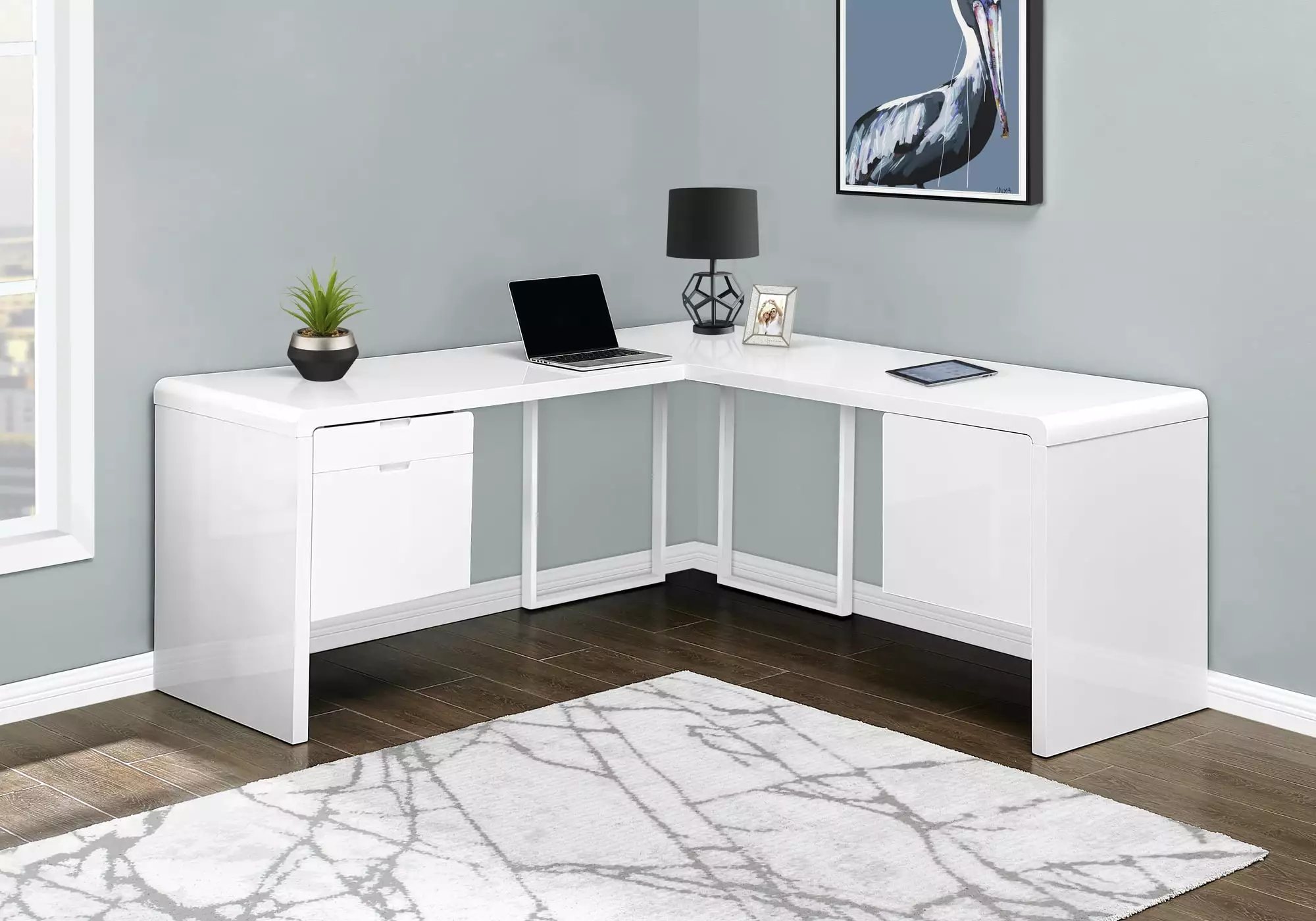 Monarch Specialties 72 Inch L Shape Computer Desk Glossy White Laminate