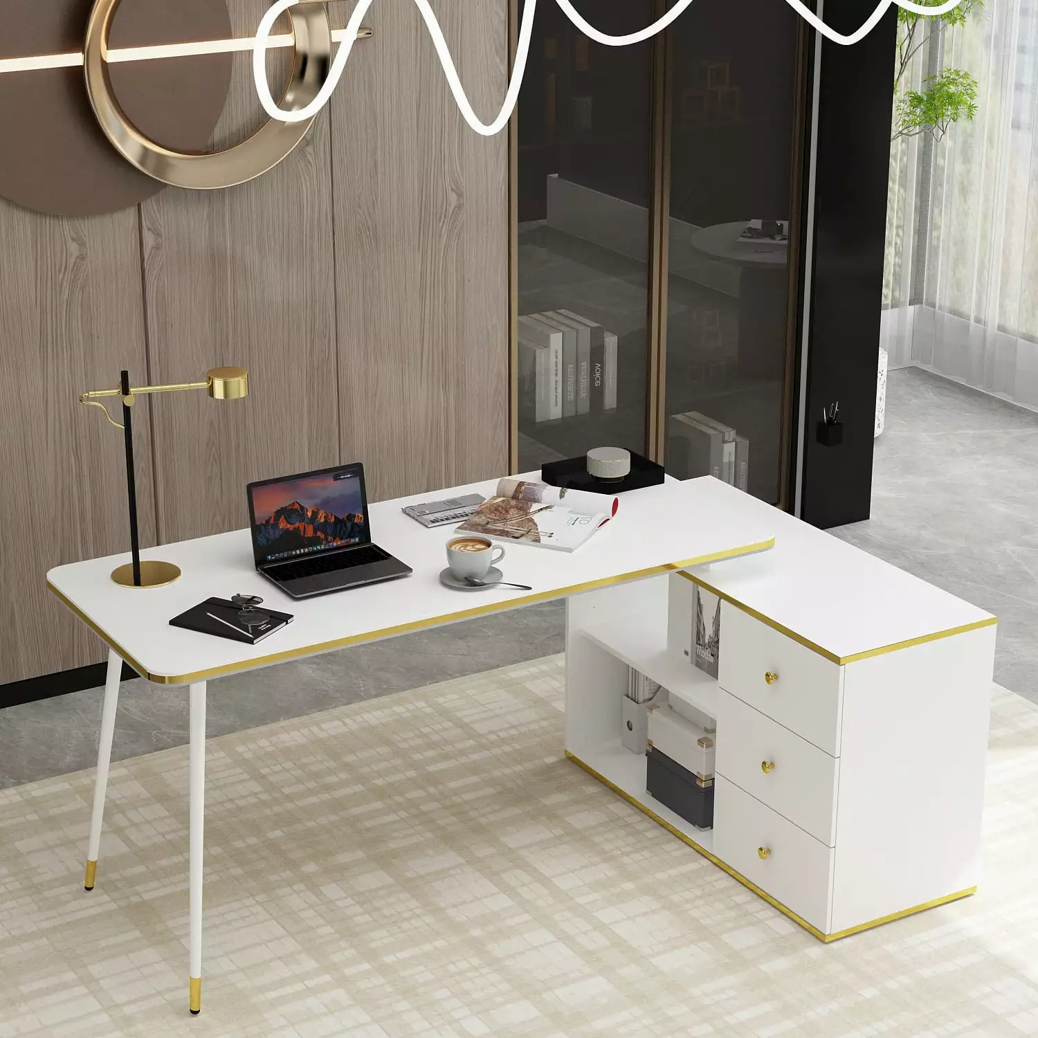 MONSLIPA L Shaped Desk Storage Shelf and 3 Drawers White Home Office Writing Desk Workstation