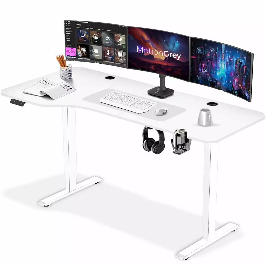 MotionGrey Height Adjustable L Shaped Standing Desk 160x60cm Corner Desk Left Table Top White