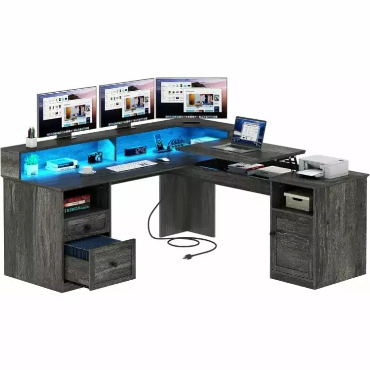 YITAHOME L Shaped Desk Power Outlets & LED Lights - 60 Inch Computer Desk Drawers & Lift Top My Lux Decor