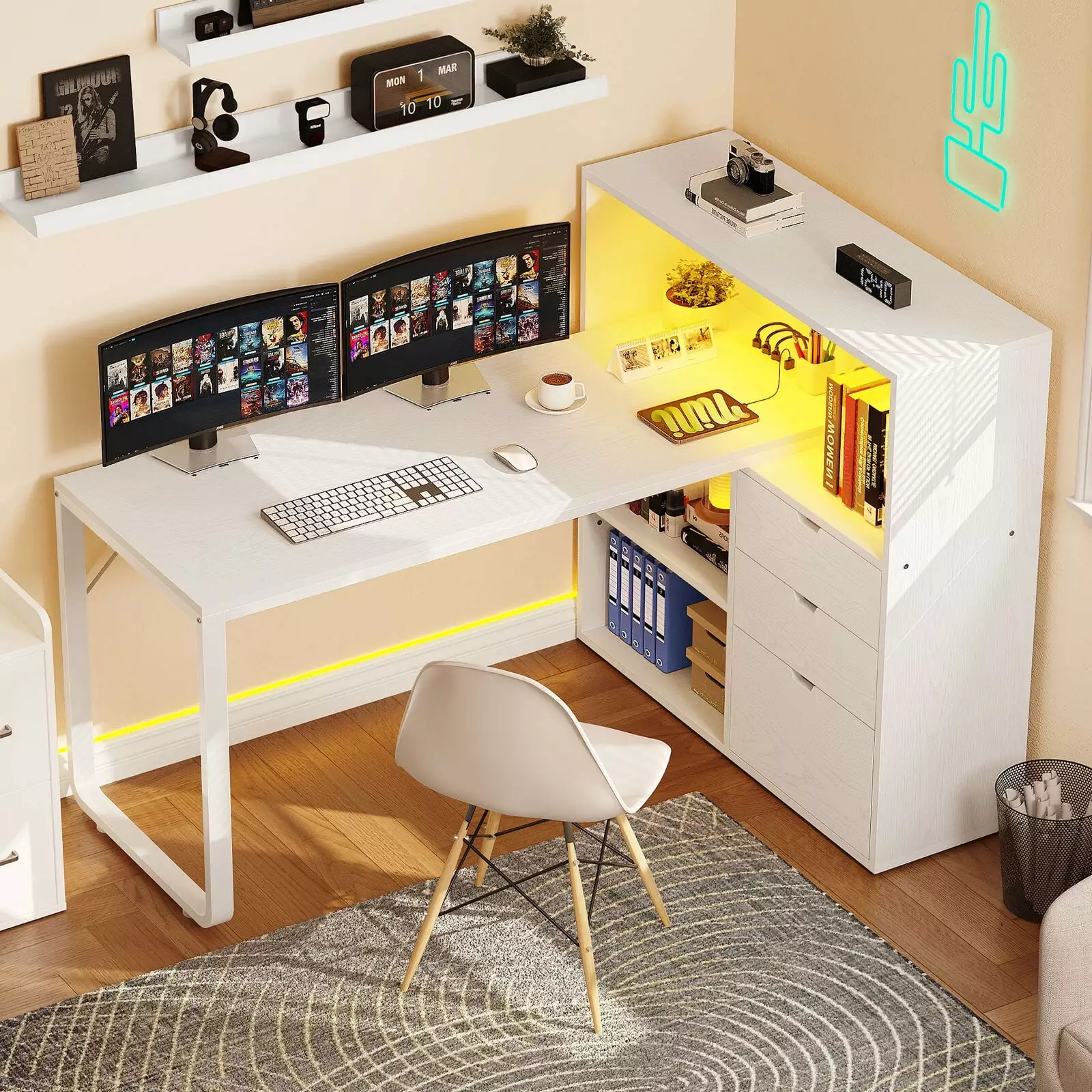 L Shaped Gaming Desk LED Corner Computer Table File Drawer & Power Outlets N/A