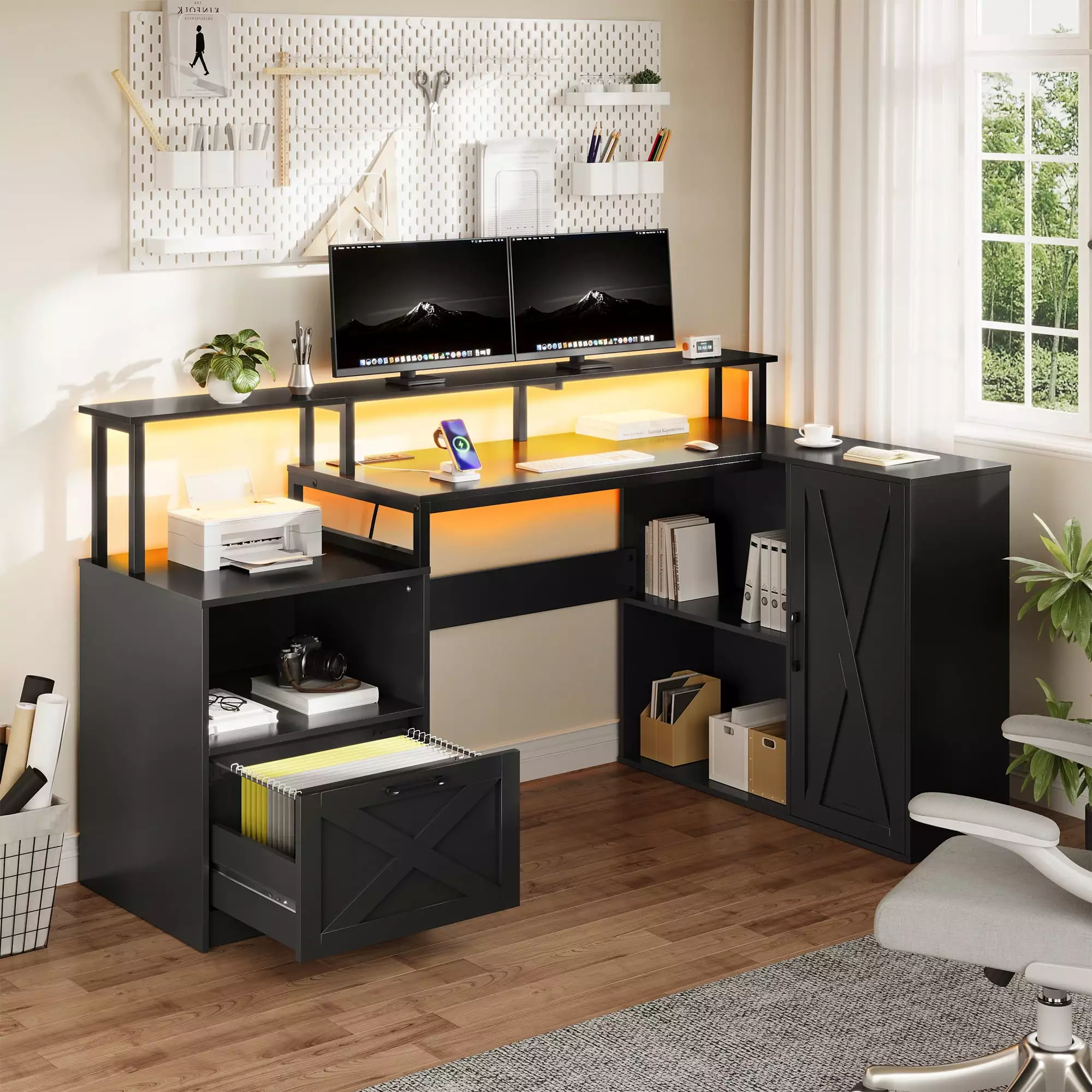 L Shaped Desk Drawer and Cabinet Computer Desk LED Lights and Power Outlets OTMCOOUCH