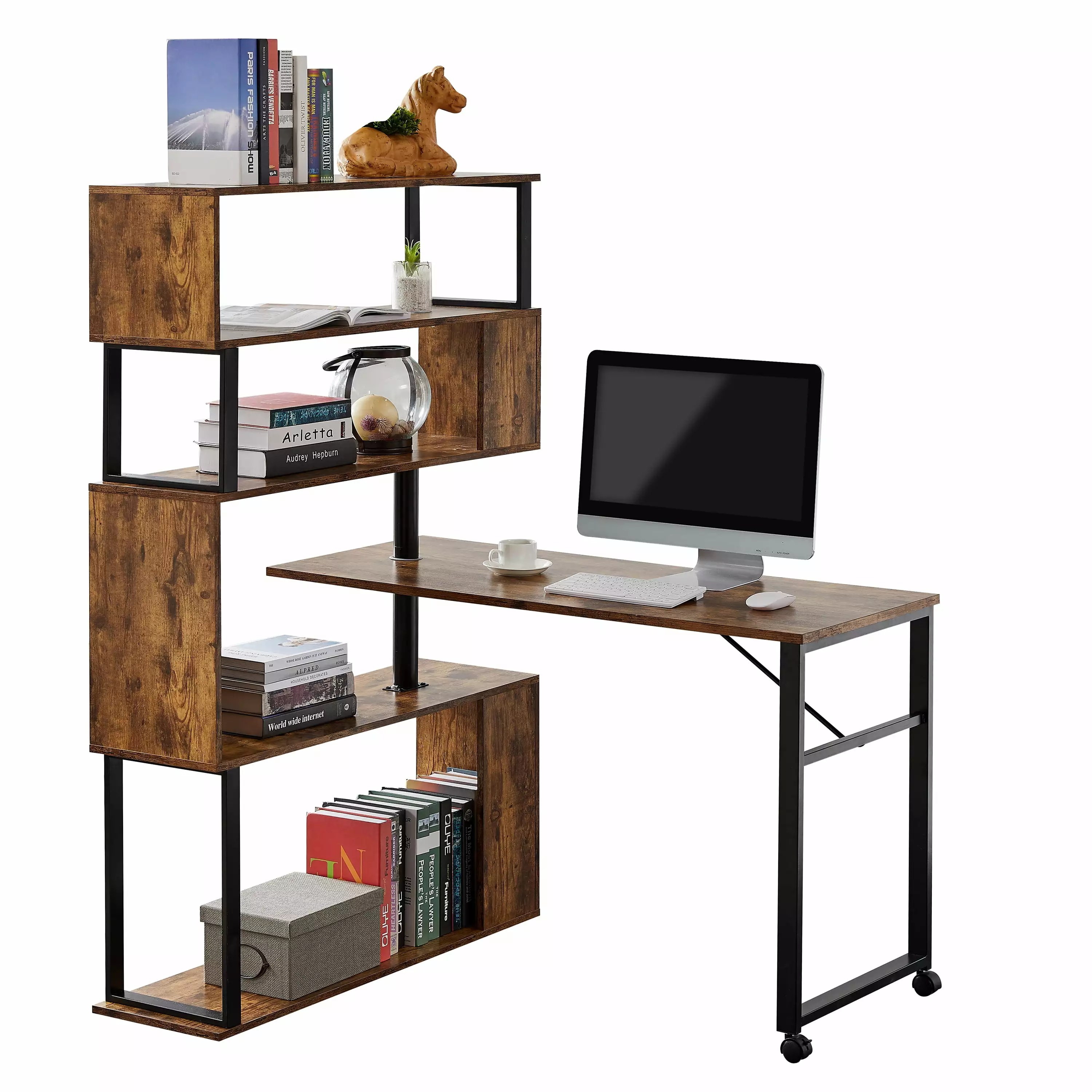OYang L-Shaped Computer Desk 5-Tier Bookshelf Lockable Casters Space-Saving Home Office Desk