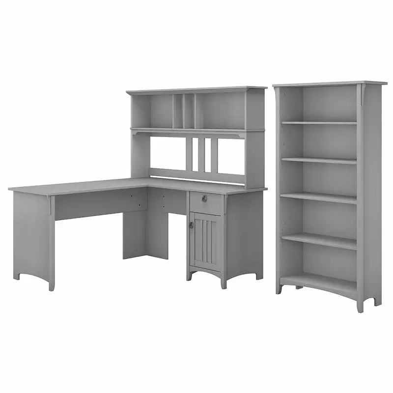 Pemberly Row 60W L Shaped Desk Hutch and Bookcase Cape Cod Gray Engineered Wood