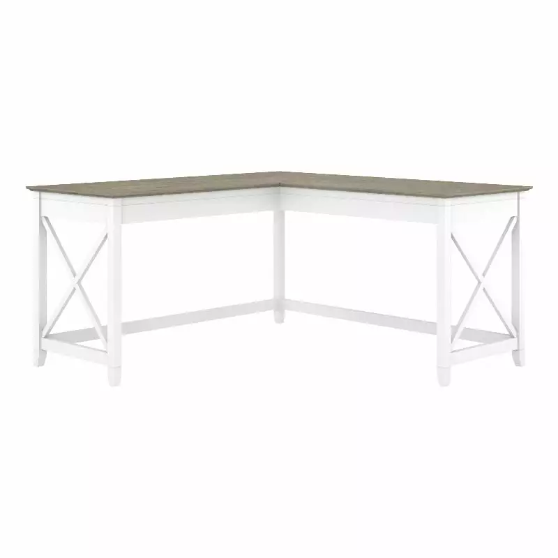 Pemberly Row 60W L Shaped Desk Pure White and Shiplap Gray Engineered Wood Office Desk