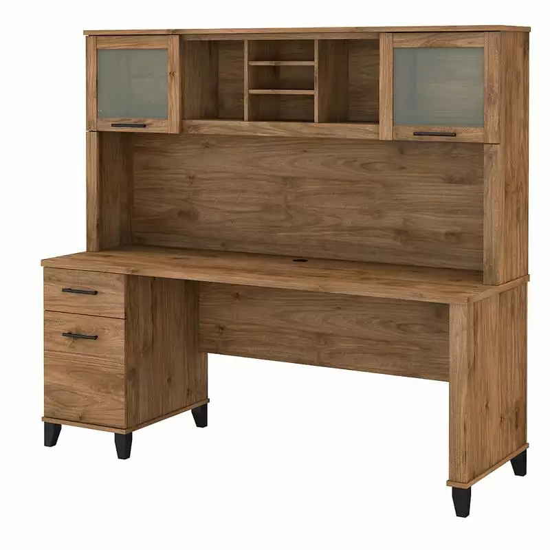 Pemberly Row 72W Desk Drawers and Hutch Fresh Walnut Engineered Wood Office Desk