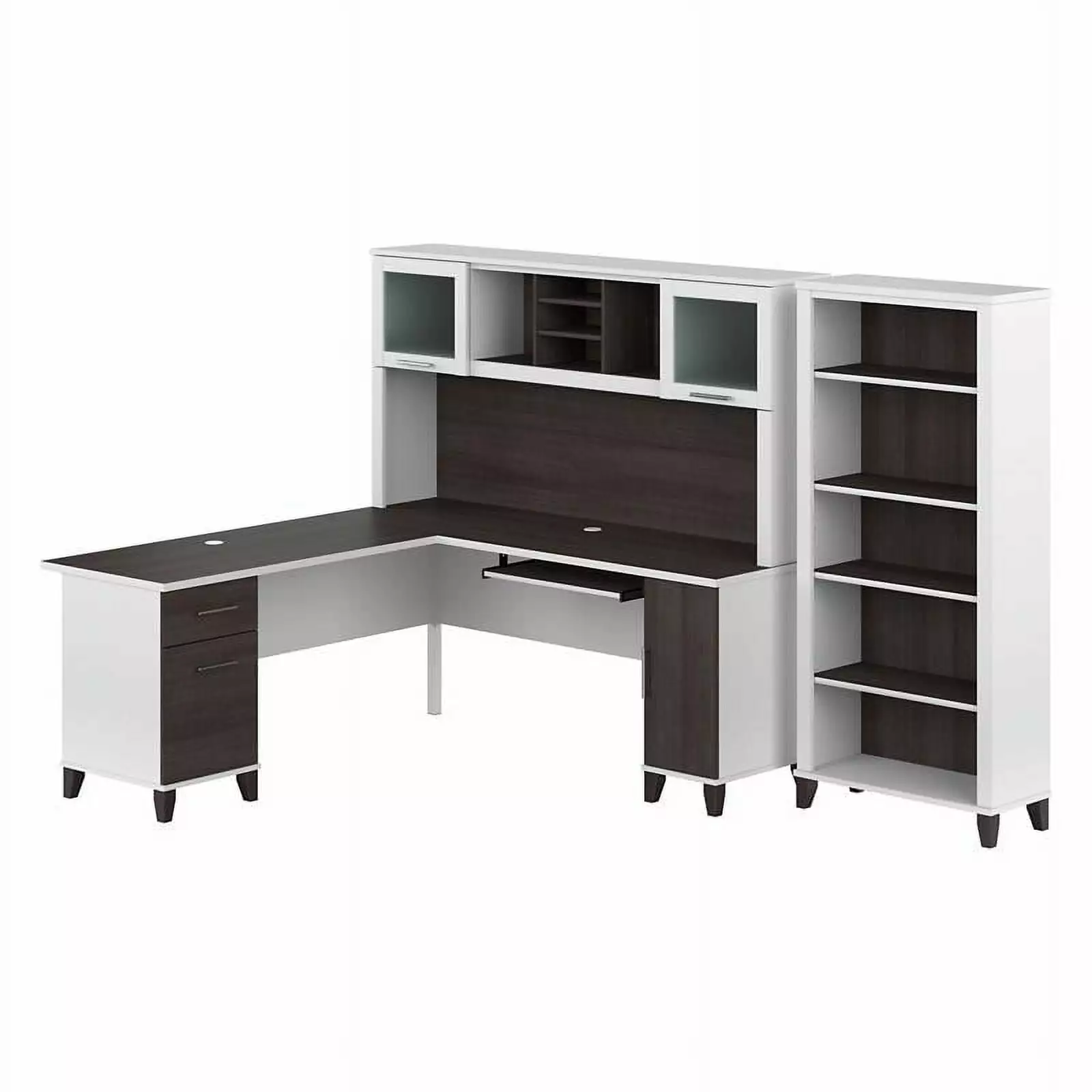 Pemberly Row 72W L Desk Hutch and Bookcase White and Gray Engineered Wood
