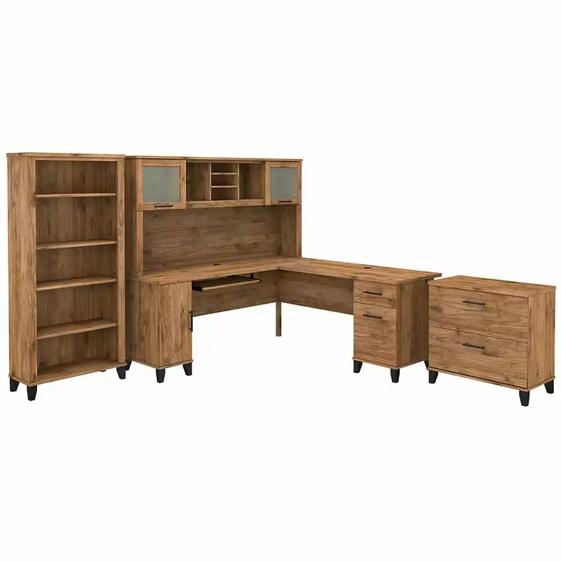 Pemberly Row 72W L Desk Hutch and Storage Fresh Walnut - Engineered Wood