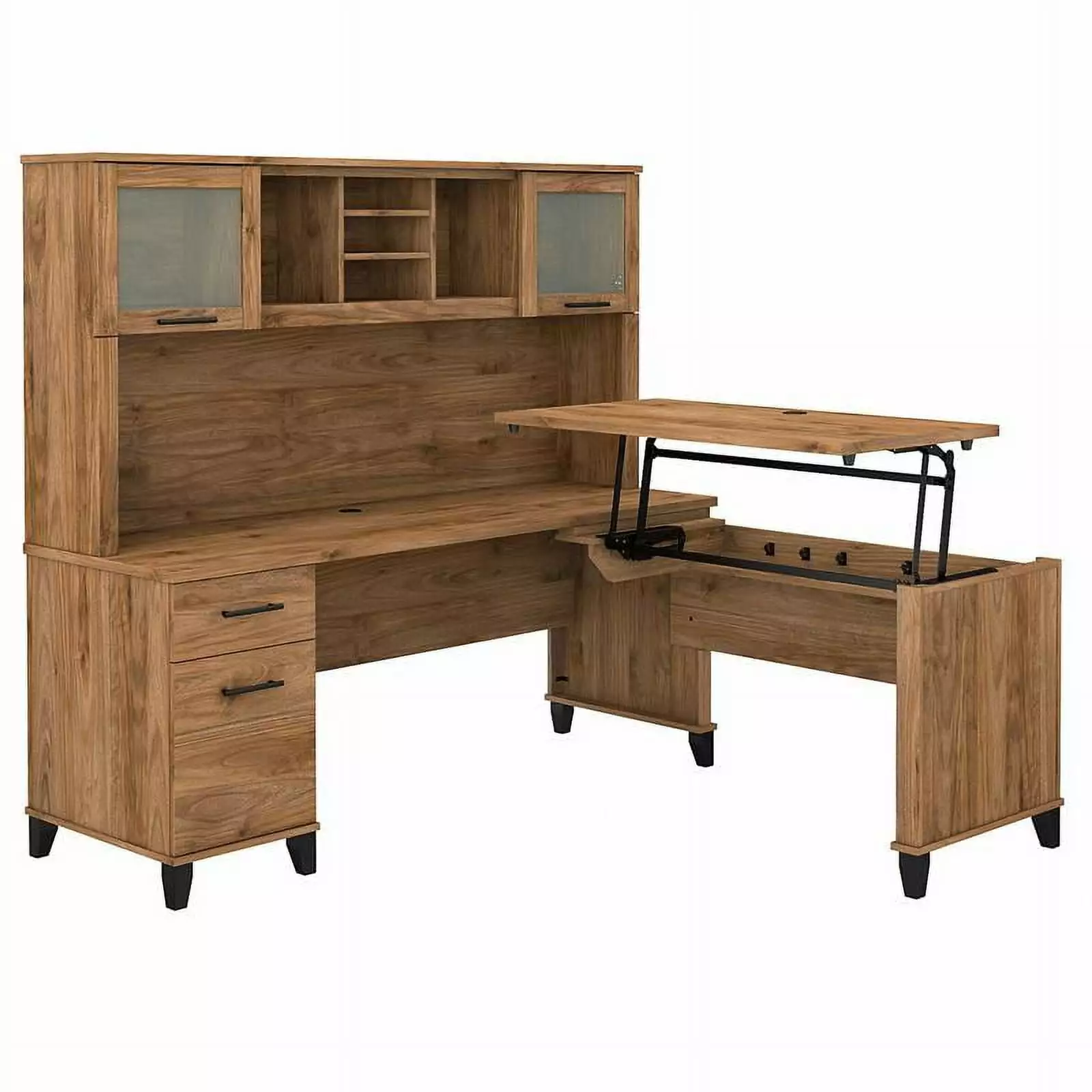 Pemberly Row 72W Sit to Stand L Desk Hutch Fresh Walnut - Engineered Wood Office Desk
