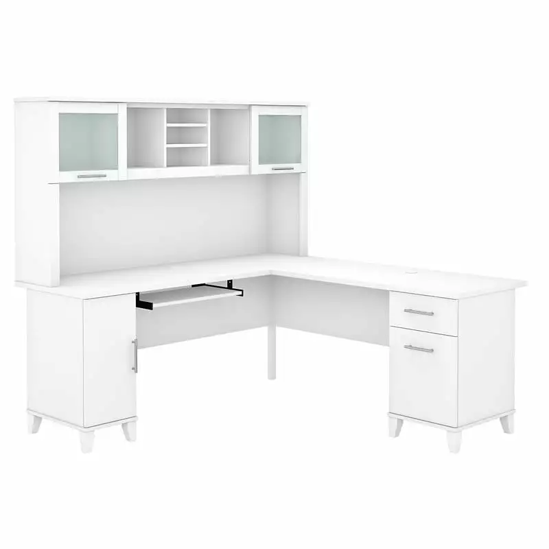 Pemberly Row 72W White L Shaped Desk Hutch Engineered Wood Office Furniture