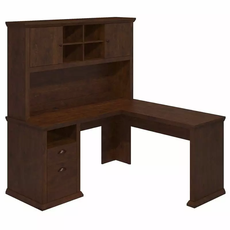 Pemberly Row Antique Cherry L Shaped Desk Hutch - Engineered Wood Office Desk