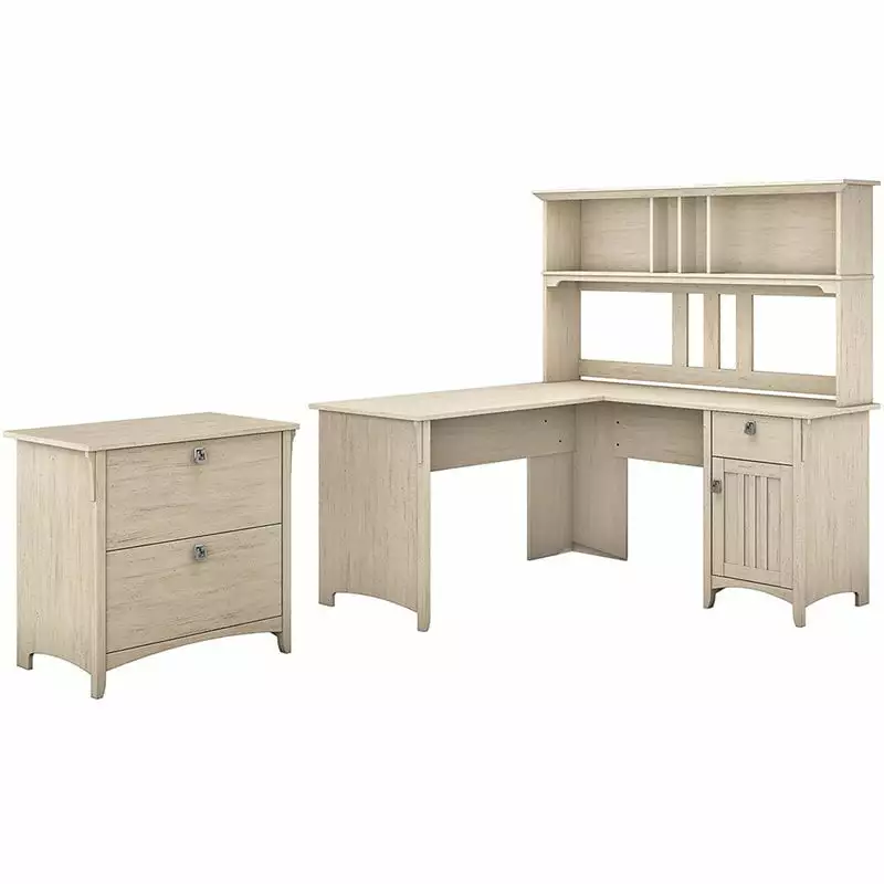 Pemberly Row Antique White L Desk Hutch and File Cabinet - Engineered Wood