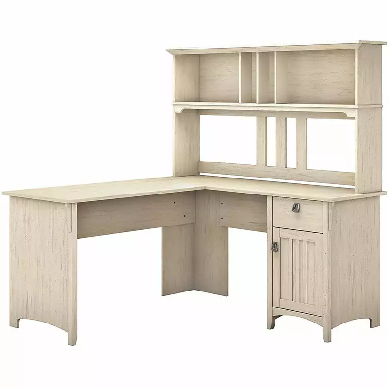 Pemberly Row Contemporary L Shaped Desk Hutch Antique White - Stylish Home Office Desk