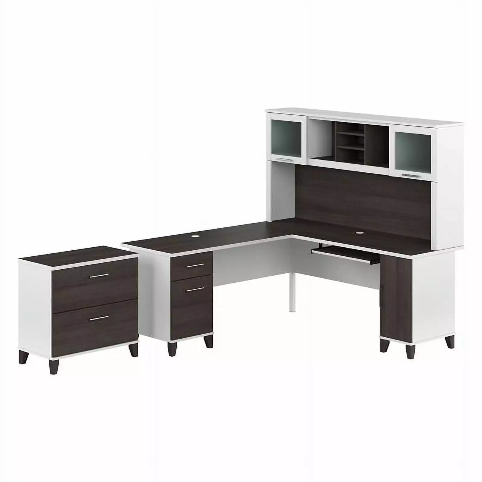 Pemberly Row Engineered Wood 72W L Desk Hutch and File Cabinet White and Gray