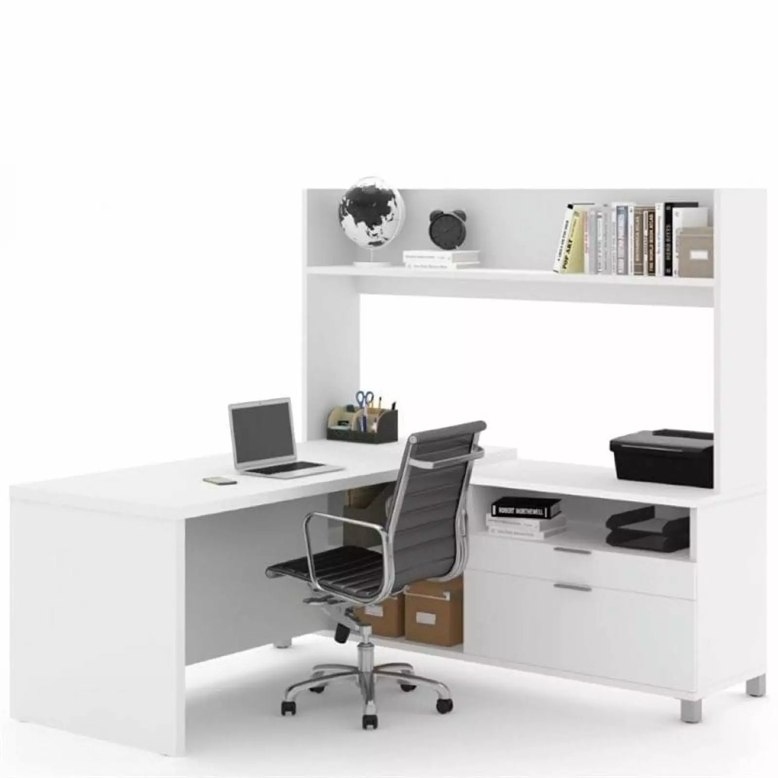 Pemberly Row L Shaped Computer Desk Hutch White Modern Home Office Workstation