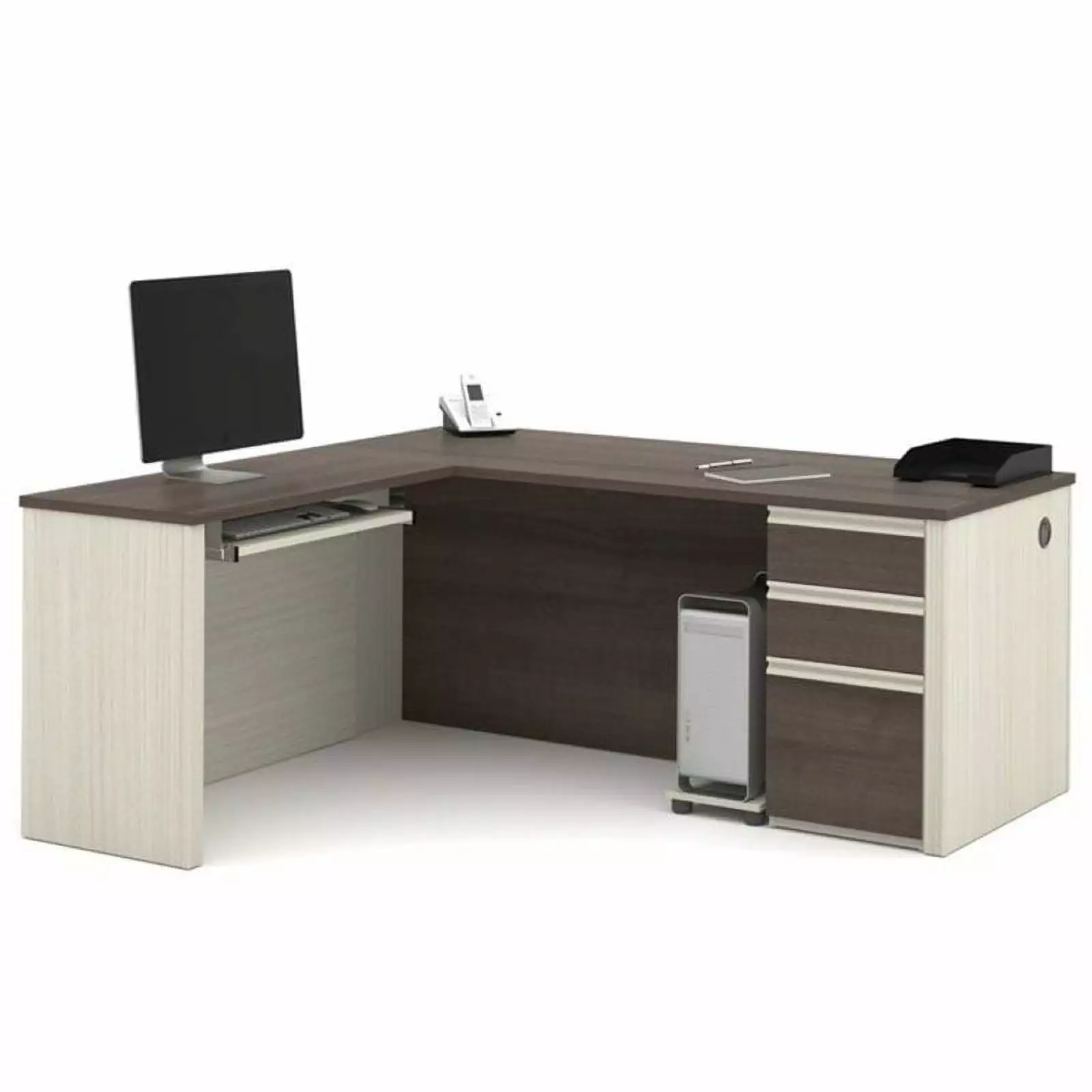 Pemberly Row L Shaped Computer Desk White Chocolate and Antigua - Modern Office Workspace