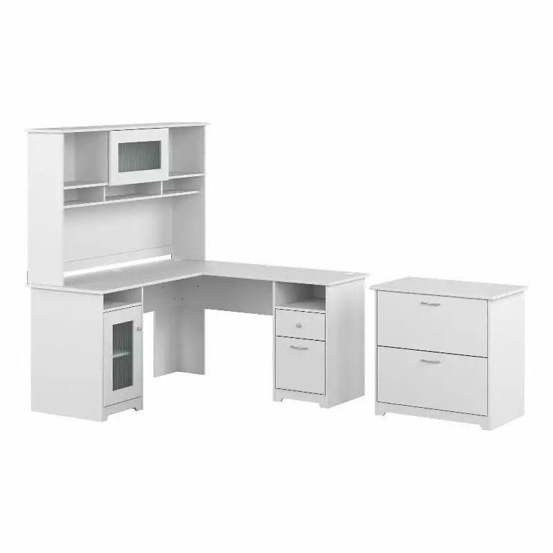 Pemberly Row White 60W L Desk Hutch and Lateral File Cabinet