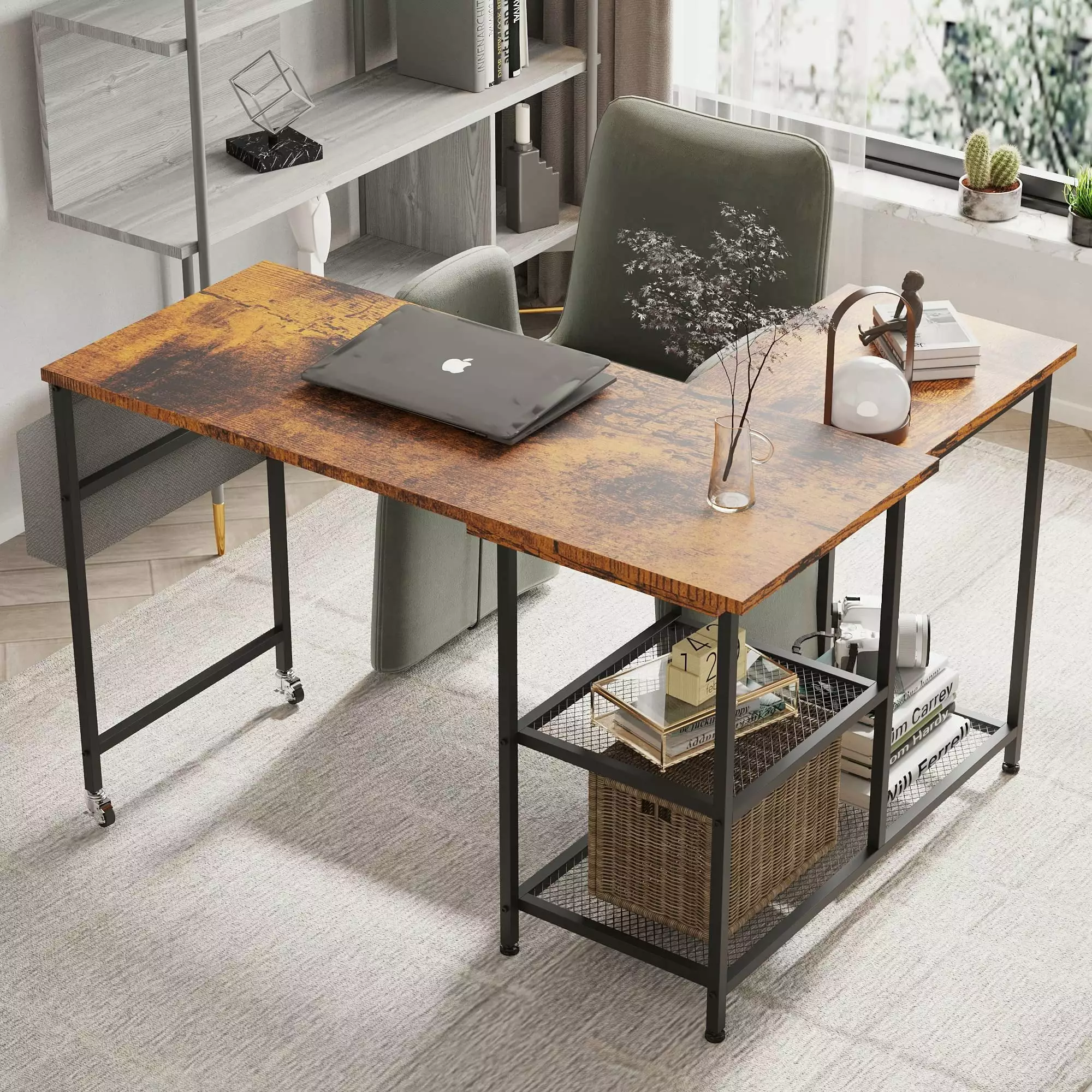 360 Degree Rotating L-Shaped Computer Desk Home Office Brown Study Workstation Prime Garden