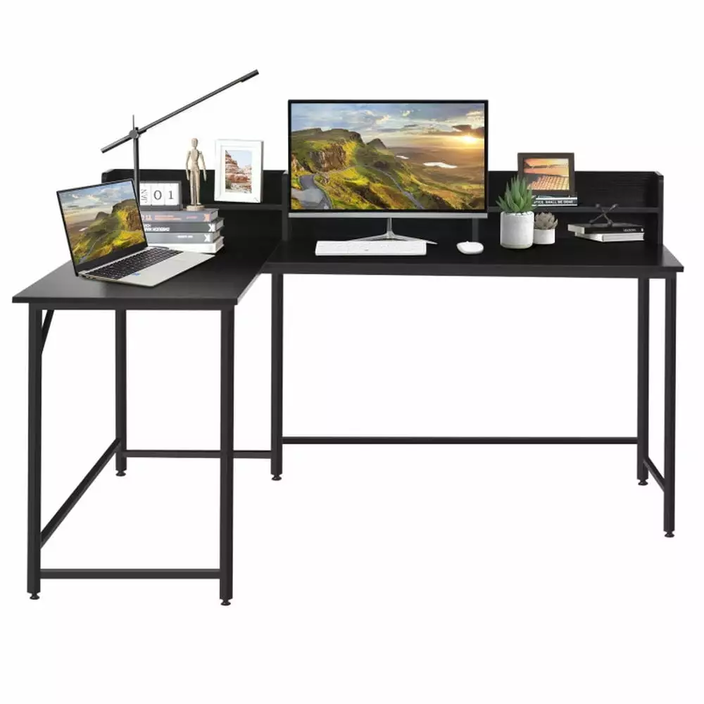 Resenkos Black 5.5 Inch L-shaped Computer Desk Bookshelf Home Office