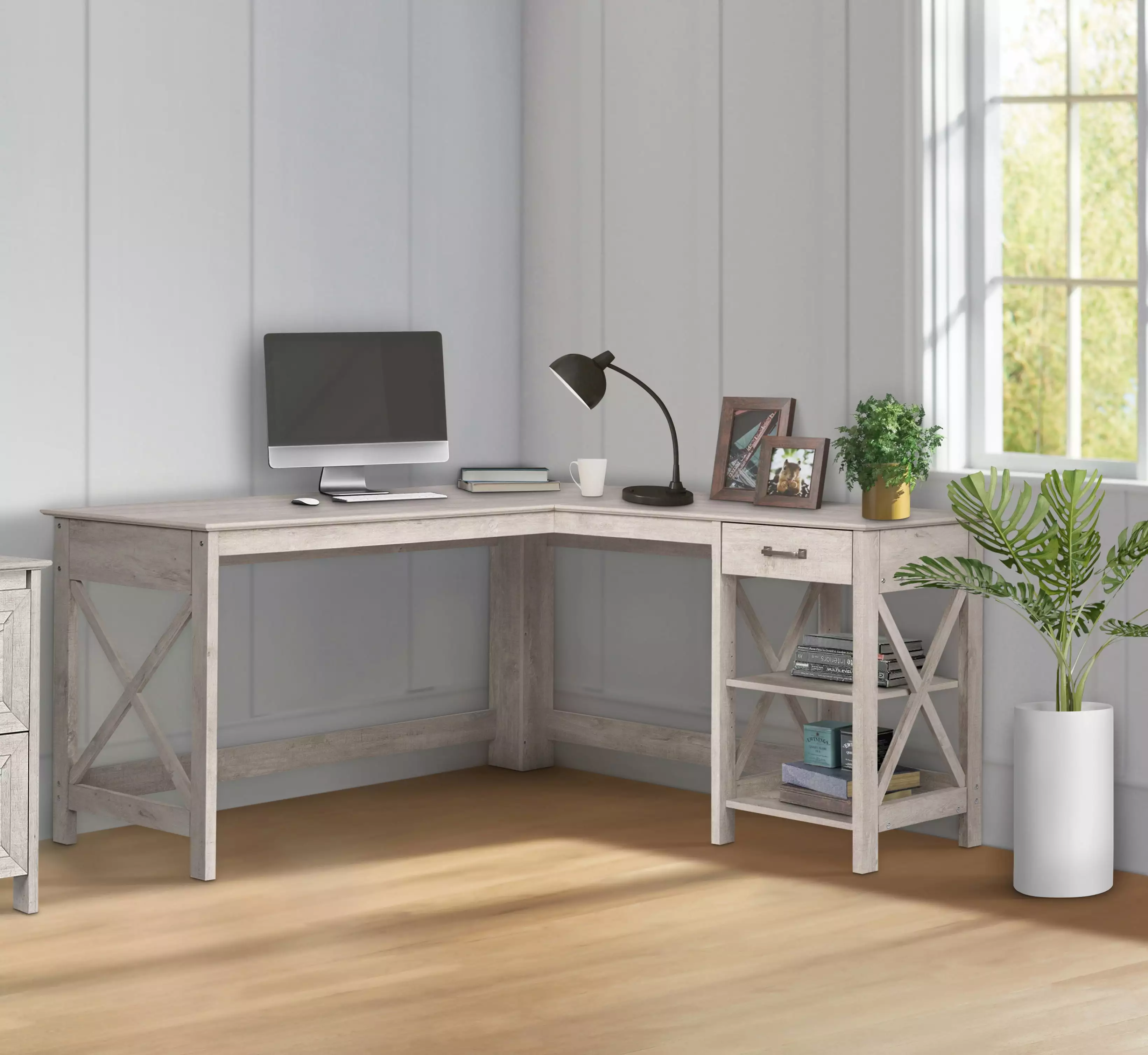 Saint Birch Honduras Washed Gray L-Shape Desk 1 Drawer and 1 Open Shelf