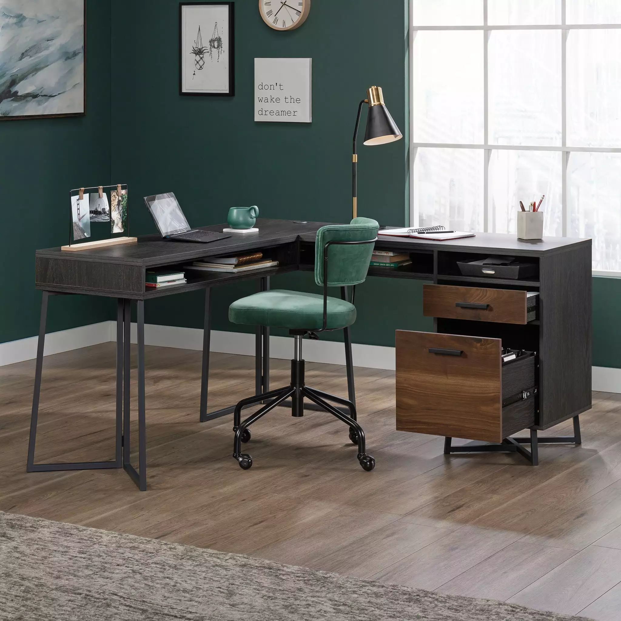 Sauder Canton Lane L-Shaped Computer Desk Brew Oak Finish
