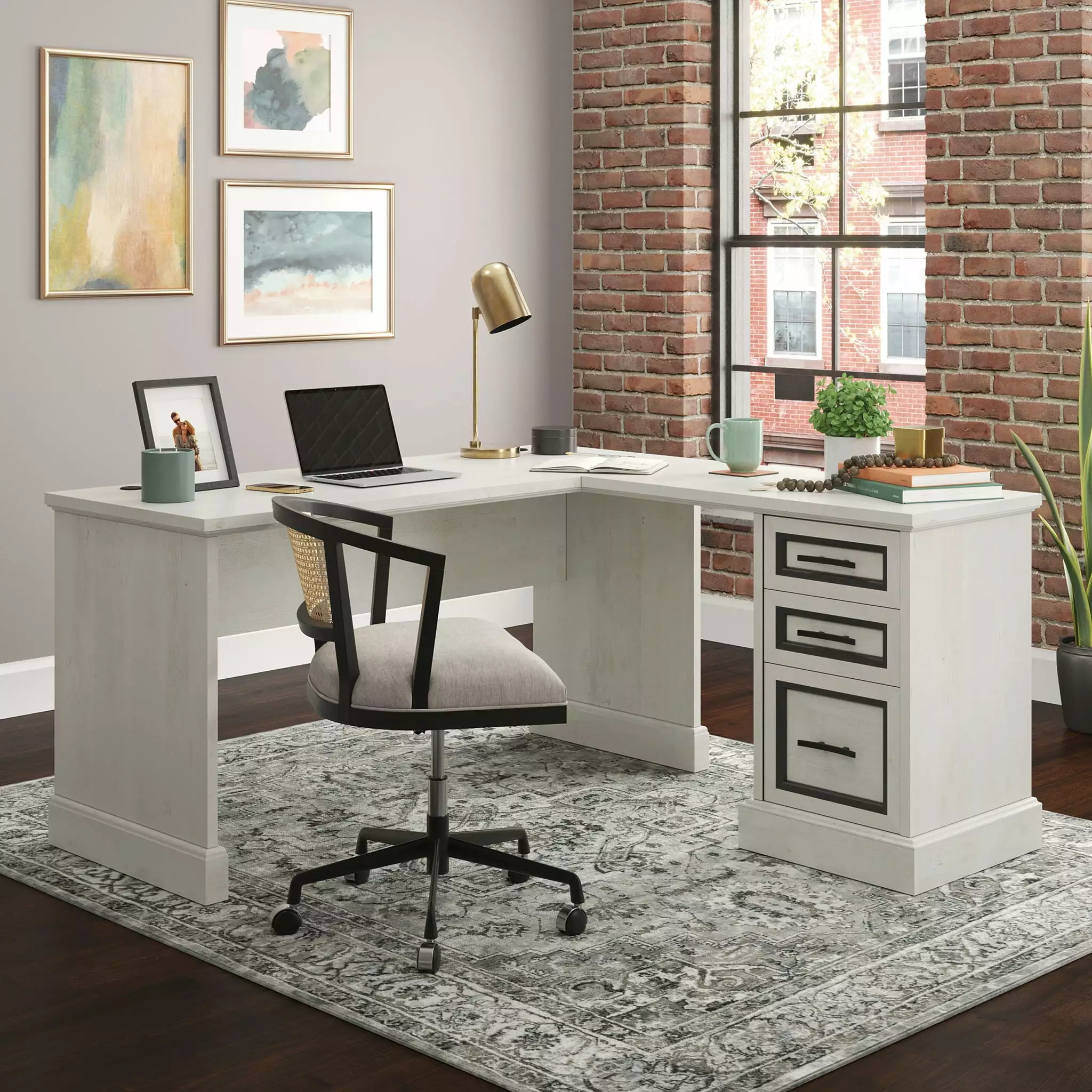 Sauder Carolina Grove L-Shaped Desk Drawers Winter Oak Finish