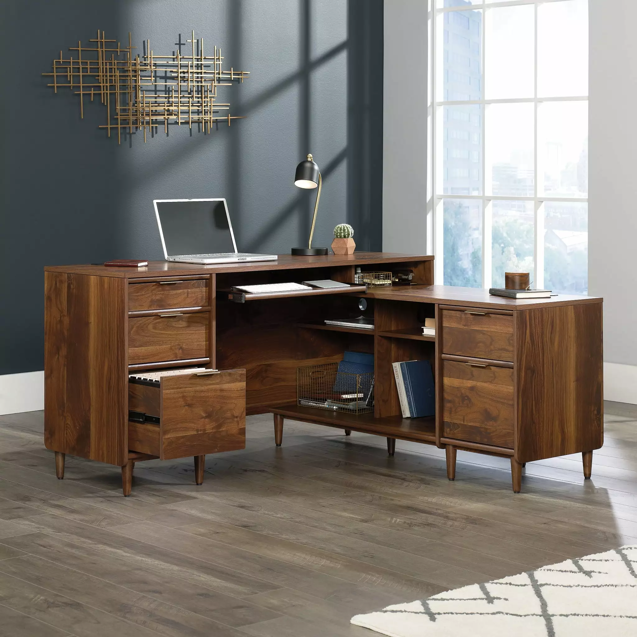 Sauder Clifford Place L-Shaped Desk Grand Walnut Finish Home Office