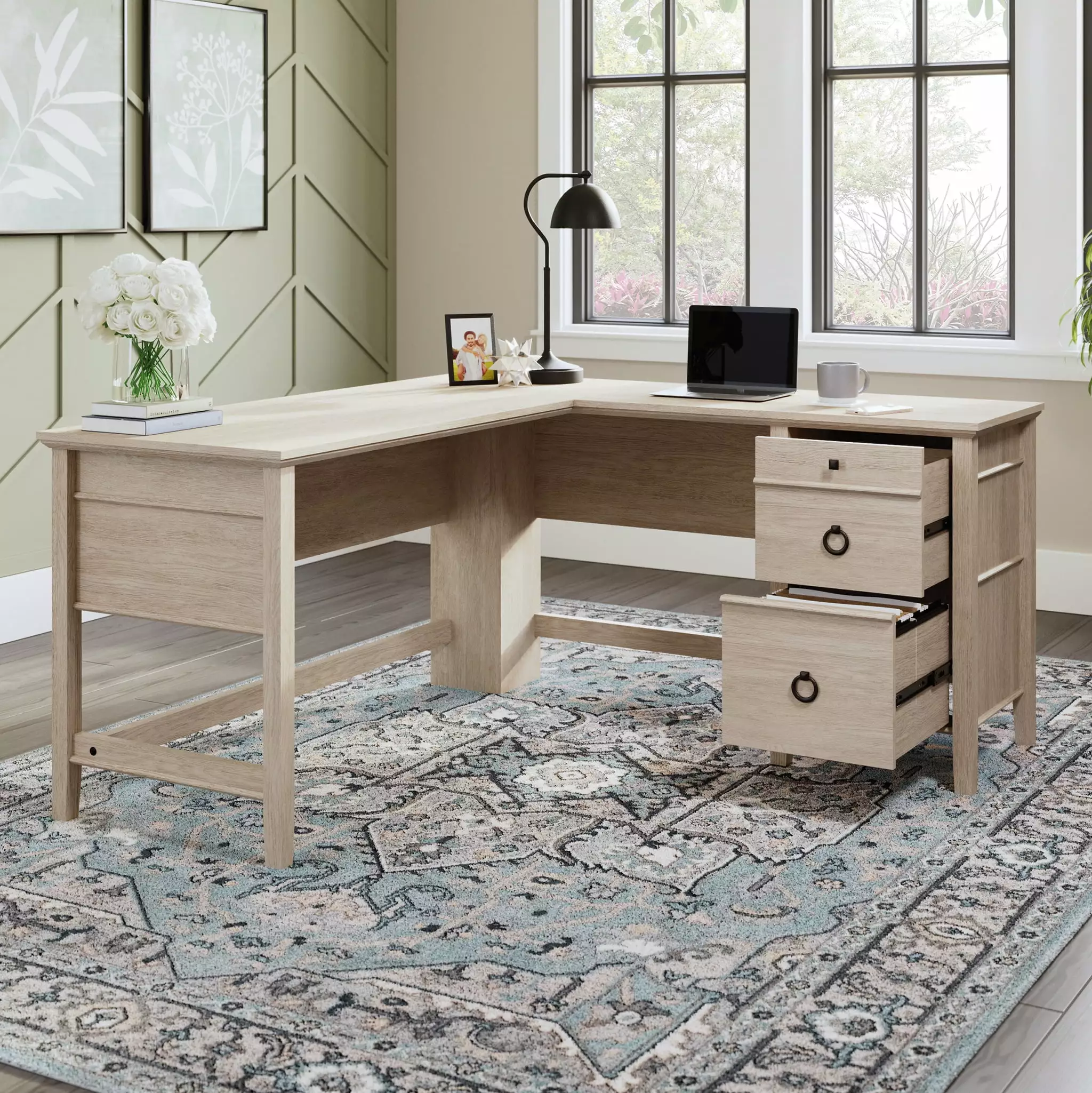 Sauder East Adara L-Shaped Computer Desk Cascade Oak Finish - Home Office Workstation