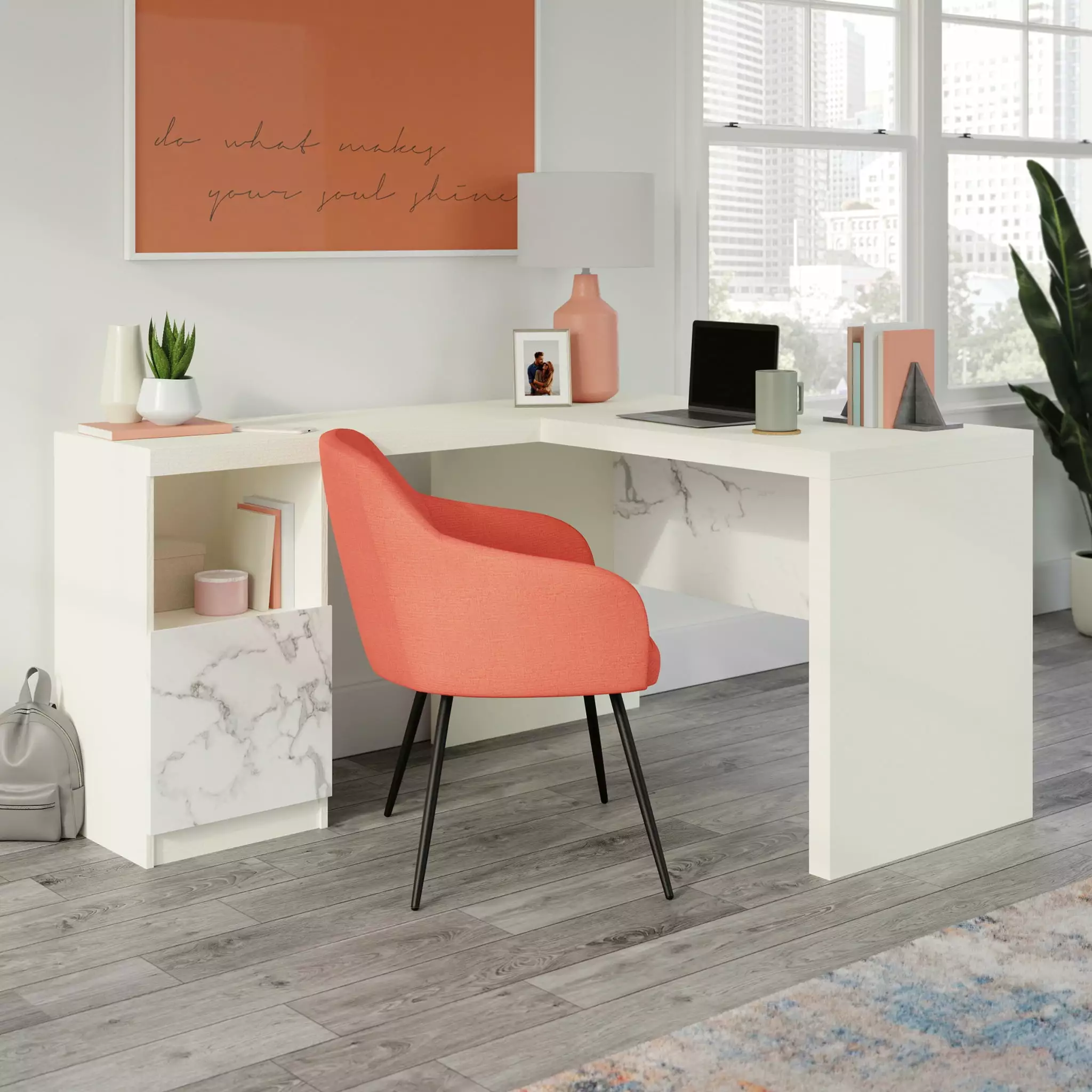 Sauder Hudson Court Contemporary L-Shaped Desk Pearl Oak Finish - Spacious Home Office Desk
