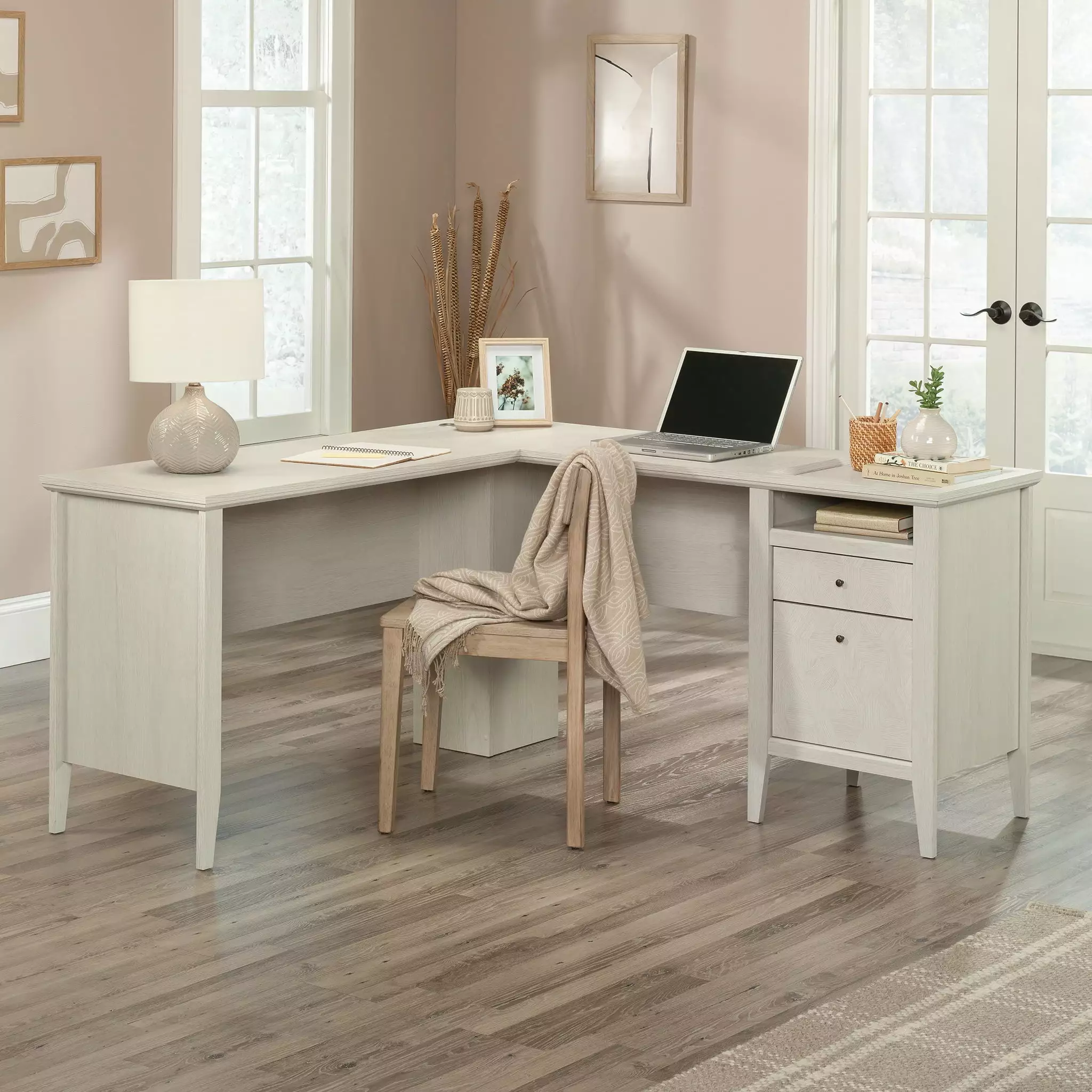 Sauder Larkin Ledge L-Shaped Desk Drawers Glacier Oak Finish