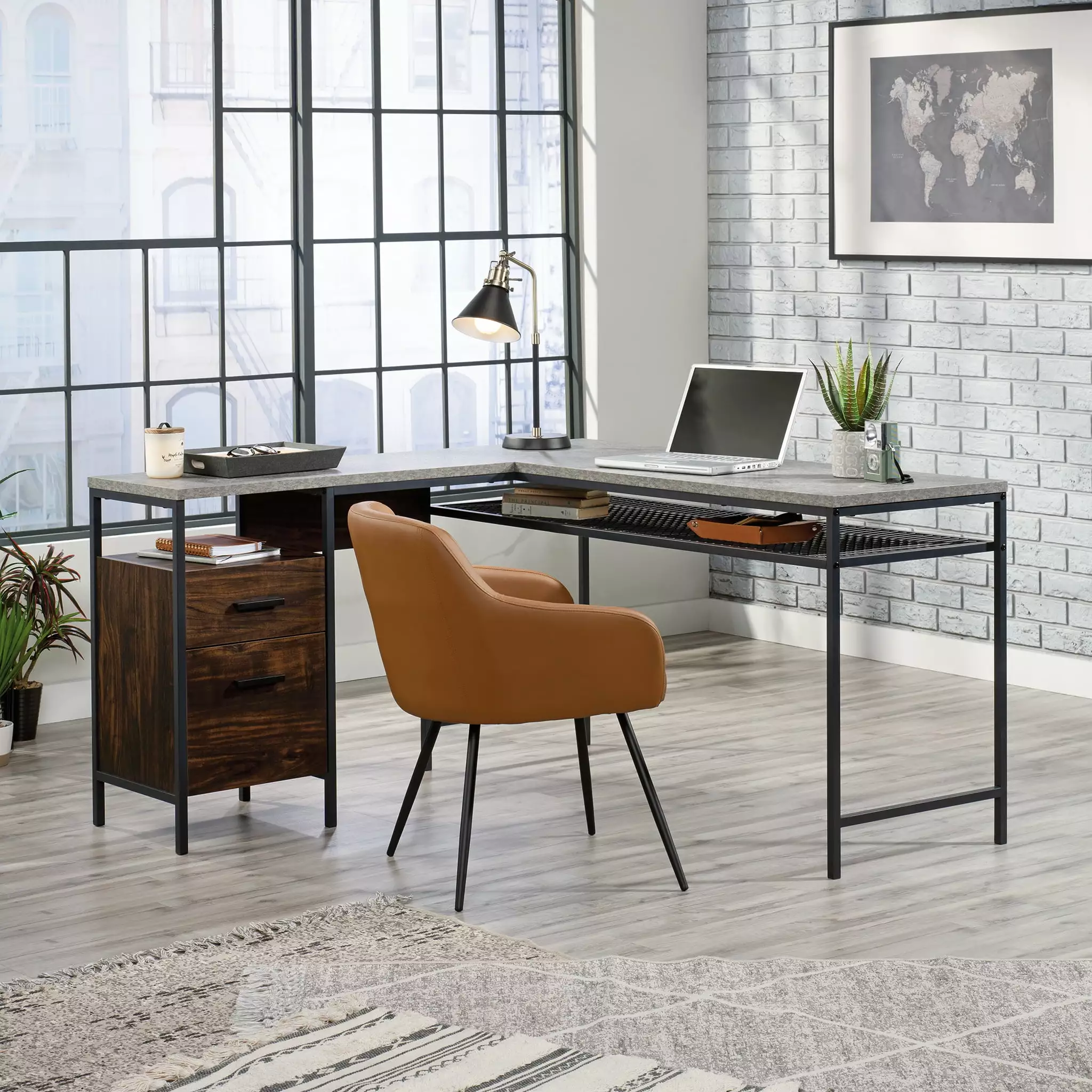 Sauder Market Commons L-Shape Metal Computer Desk Rich Walnut Slate Gray