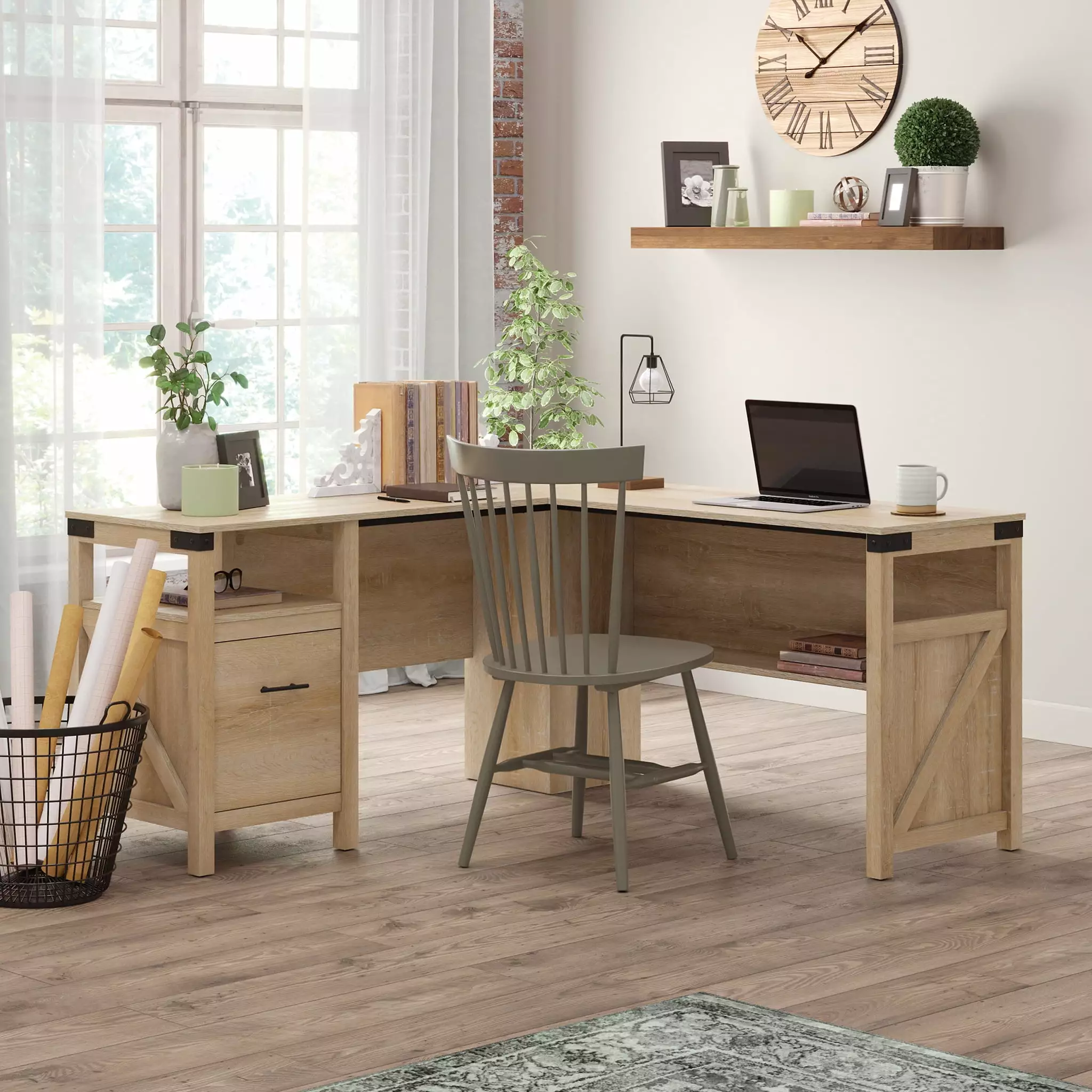 Sauder Saddler Way L-Shape Computer Desk File Drawer Orchard Oak