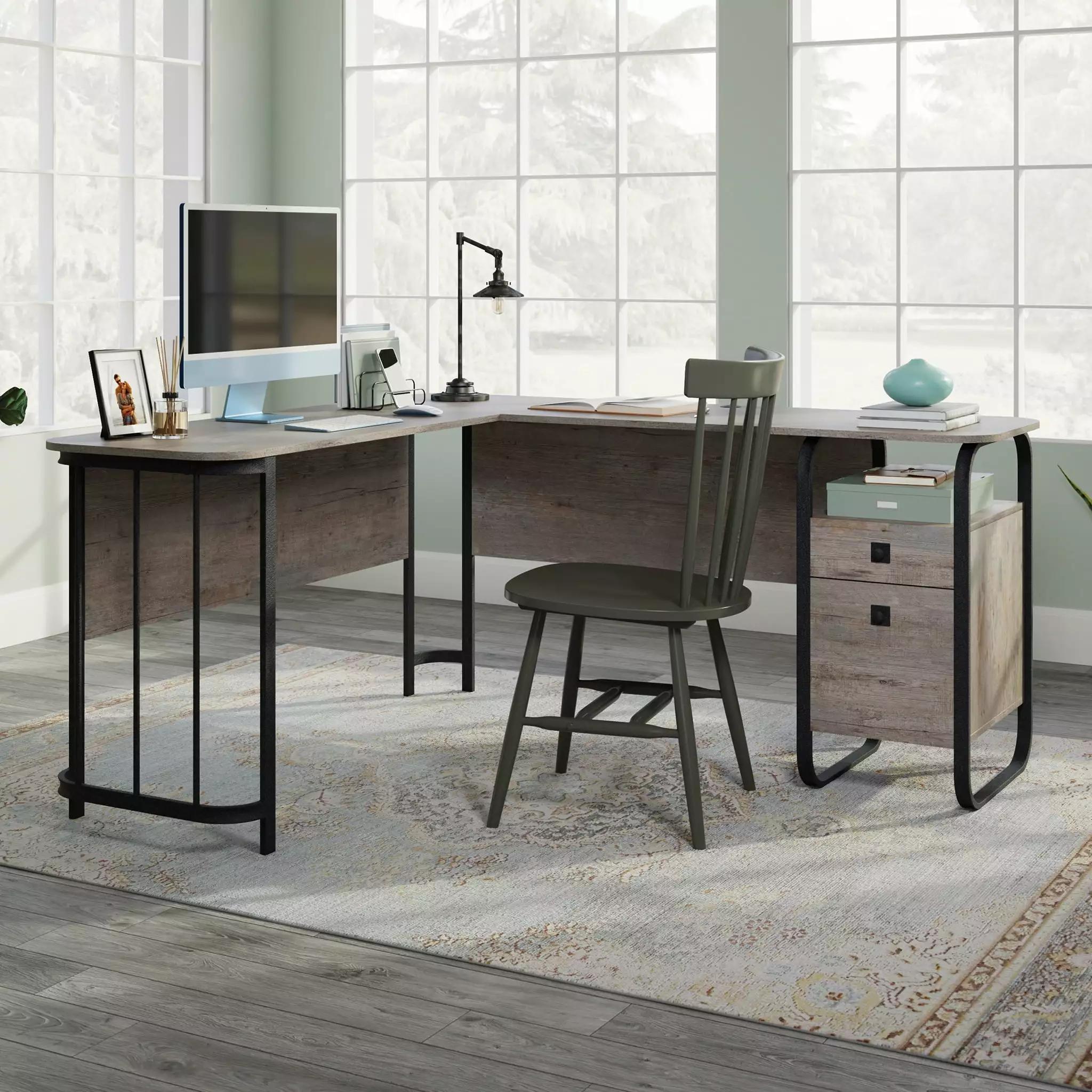 Sauder Station House L-Shaped Computer Desk Weathered Wood Finish