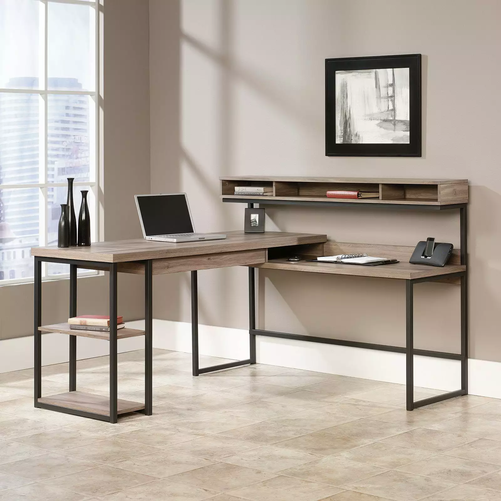 Sauder Transit L Desk Salt Oak Finish Modern Workspace