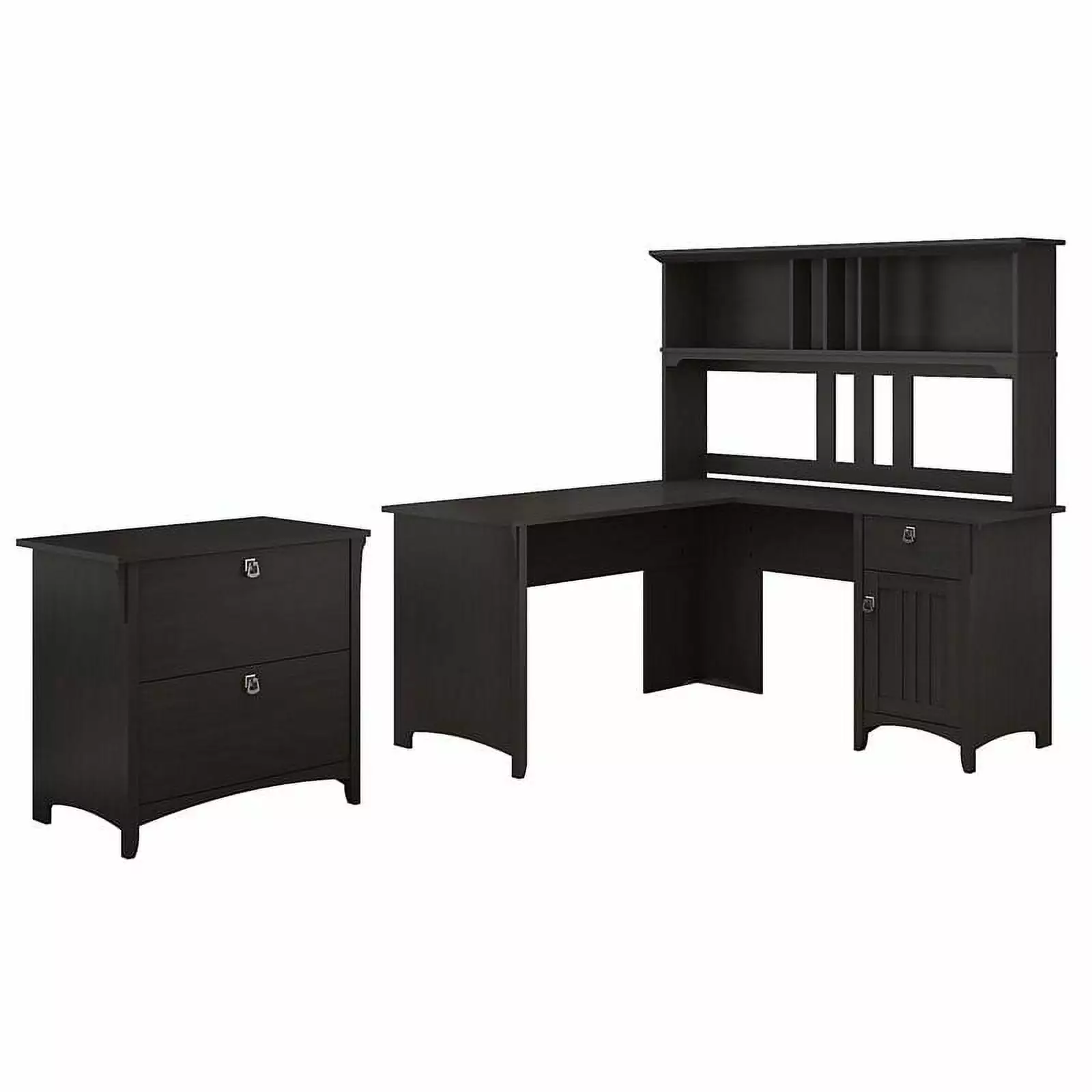Salinas Vintage Black 60W L Shaped Desk Hutch and File Cabinet Scranton