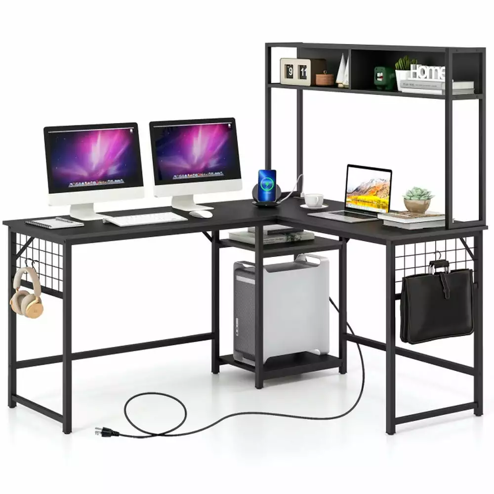 Spaco L-shaped Desk Power Outlet Hutch - Black Office Gaming Desk Study Working Writing