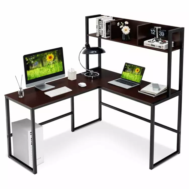 Spaco Reversible L-Shaped Corner Desk Storage Bookshelf Dark Brown - Office and Gaming Desk