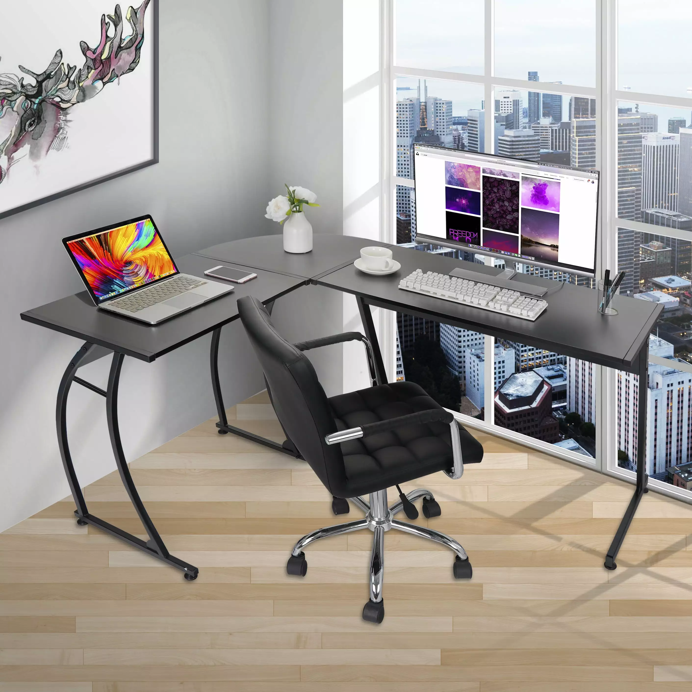 SuperDeal 58 L-Shaped Computer Desk Two-Way Setup Corner Table Black Powder Coating