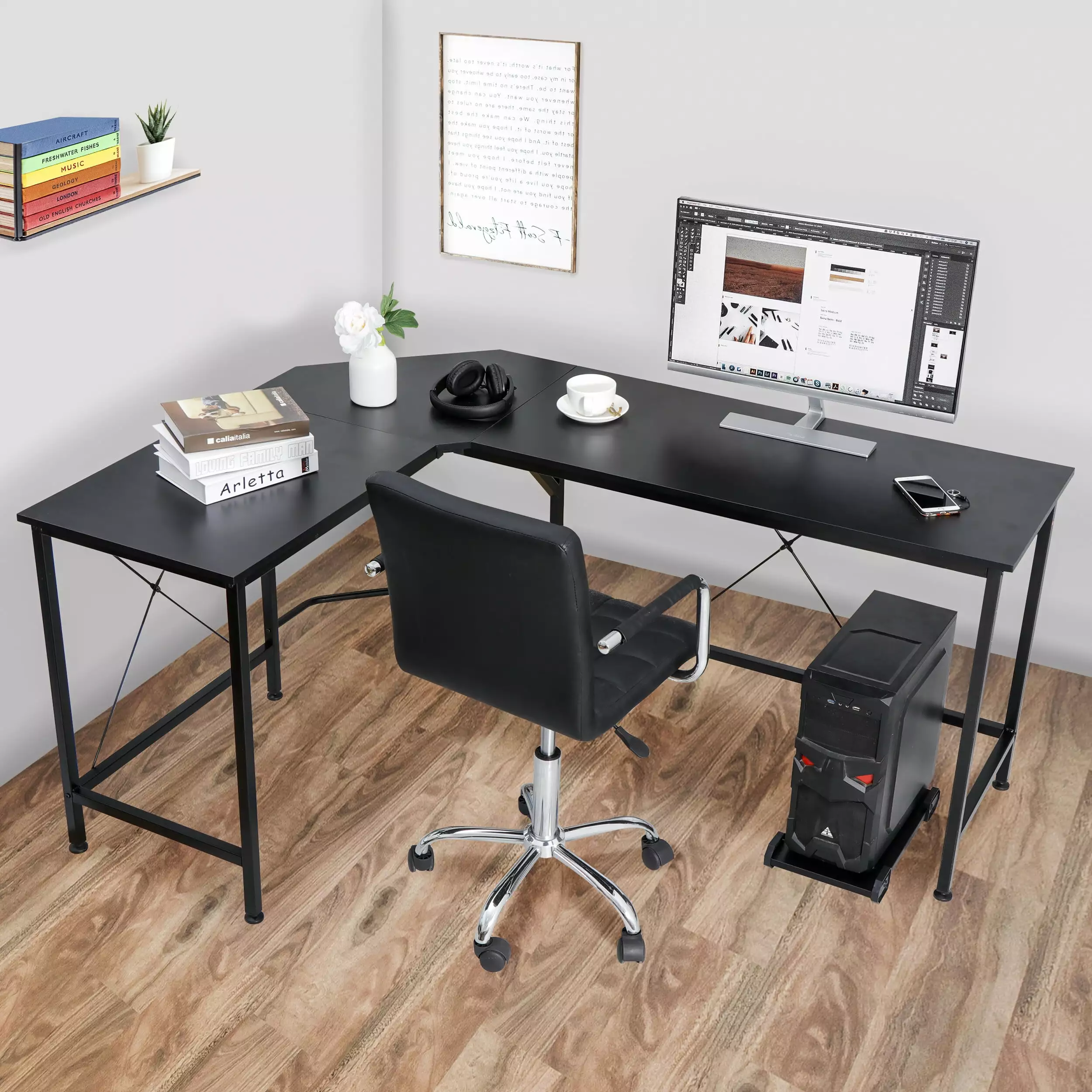 SuperDeal 66 MDF L-Shaped Computer Desk CPU Stand 30in Height Adults
