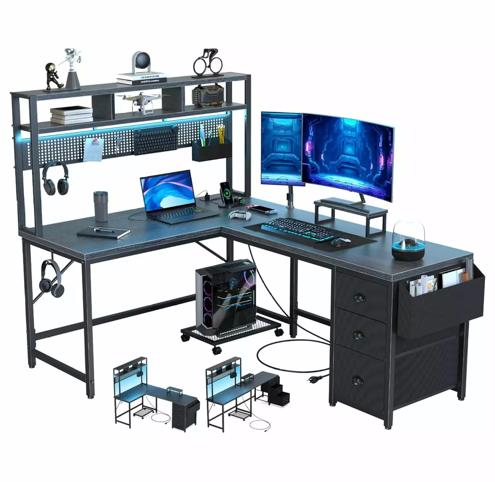 Superwum Gaming Desk Pegboard & Shelves L Shaped Desk Power Outlet & LED Home Office